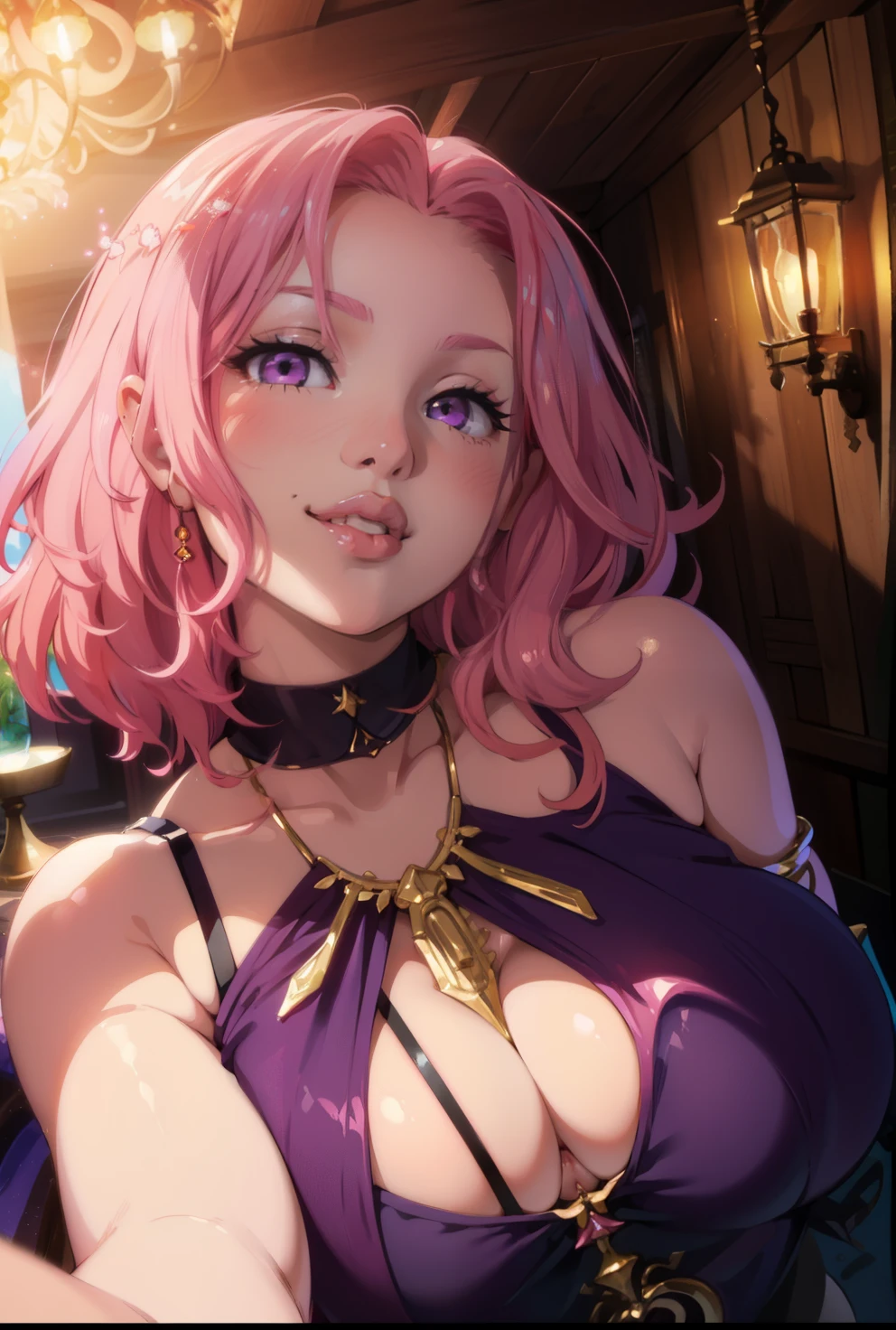 blush, smile,glowing aura, natural light, masterpiece, glossy skin, juicy lips , ,sexy, hot, evil,juicy lips hour glass, , juicy lips, , slender body, small , huge ass, pink hair, short pink hair,looking up, smile, ultra detailed , , ((wavey hair)), purple eyes, selfie, short hair,