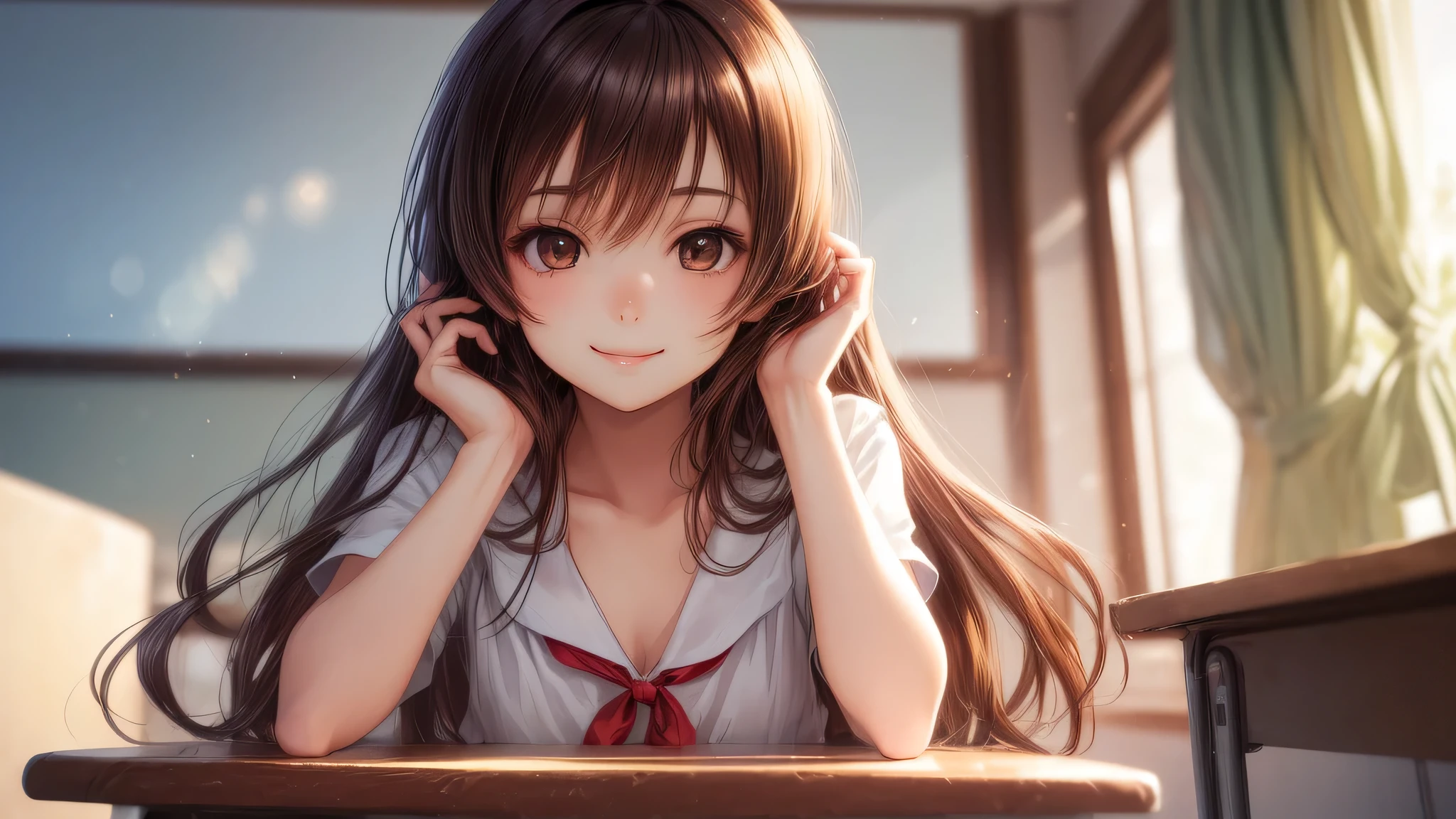 1young girl, long hair, brown eyes, (smile slightly, Innocent and cute expression), model, Enchanting, Sublime, Ethereal, fantastic, indoors, (Bokeh), (anime , anime illustration), school, classroom, depth of fields,