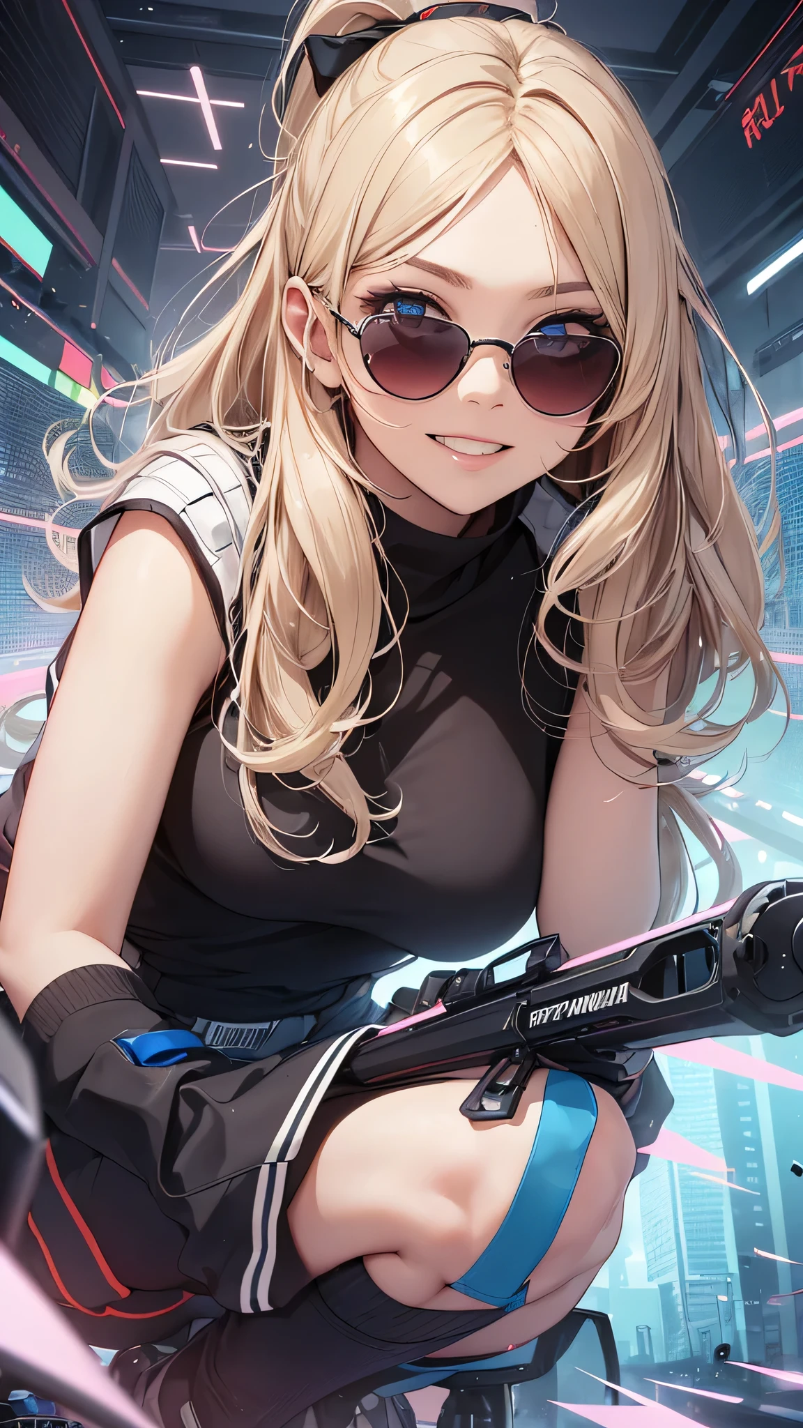 最high quality、best image quality、masterpiece、girl((20-year-old、 By becoming、vest bust、medium bust,wide open breast tea、shining eyes, blonde、long hair、thin,highest valley、ponytail、action of looking up、right arm bandage、Sportswear with a wide open chest、berry shorts、cool pose、holding a black smartphone、Cyber Sunglasses、ride a tourer bike、grin and laugh、forward leaning movement)),high quality、beautiful art、background((The road to the near future))、Flight、debris flies、Depth of written boundary、movie、visual art、perfect art、8k,genuine、