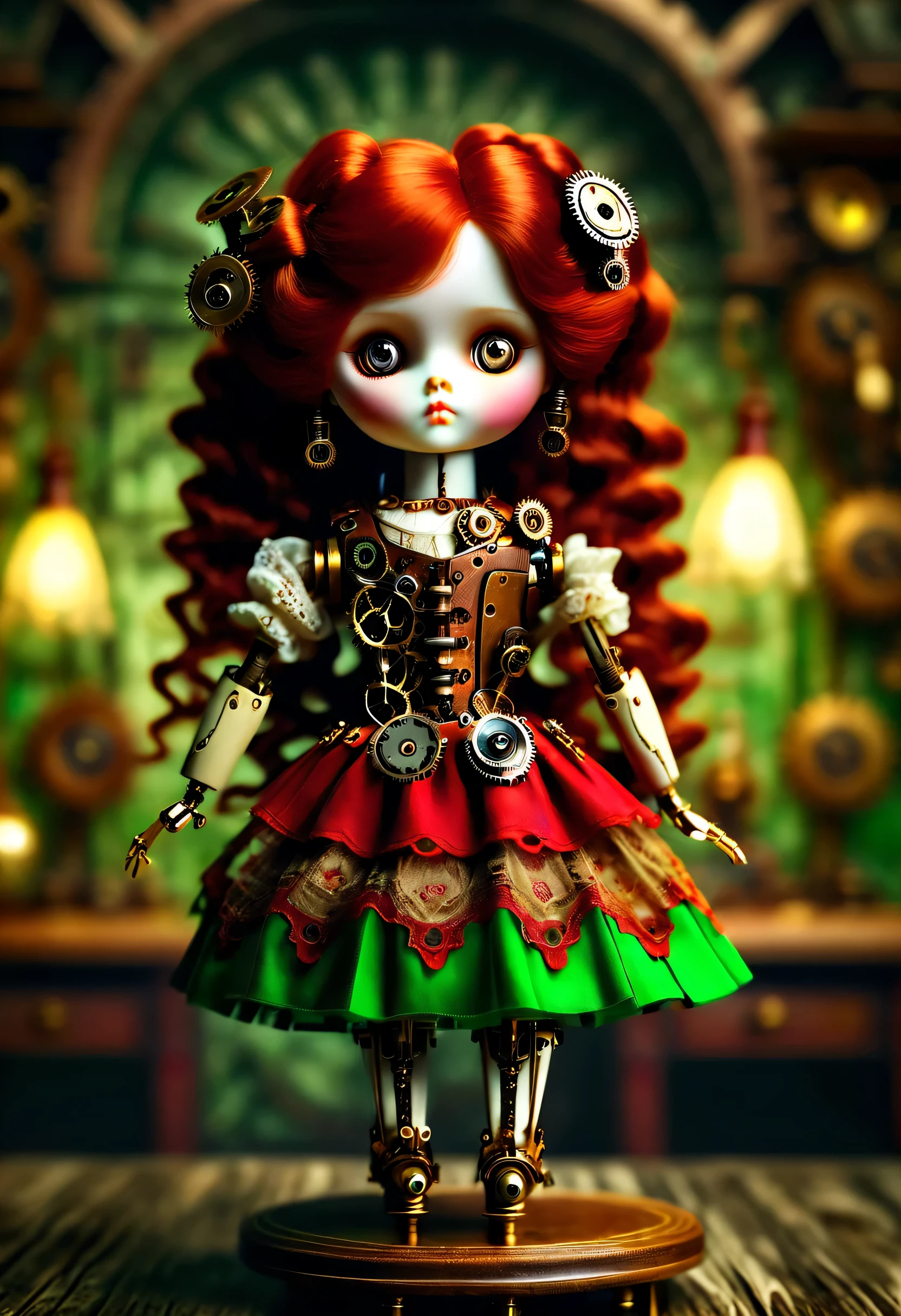Doll design，Mechanical dolls，（机械gear和铁丝正在吊悬着控制着一个娃娃玩偶），dance mechanical clockwork，gear，（Mechanical device wooden base），（Insert the top screw key into the back of the doll），Extra long wavy red head，green skirt，discover realism，dramatic lighting，Aged and weathered appearance，Steampunk elements，Eerie and surreal atmosphere，Intricate lace pattern，Like composition，exquisite craft，Gothic aesthetics，strange beauty+，[high dynamic range]，[Fear]，[concept artist]，[keen focus]，[main]，[bright colors]，[Bokeh]，long range shot，See deeply，