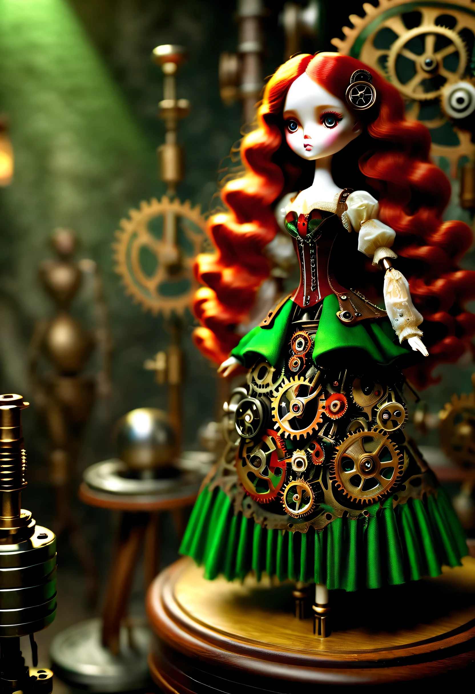 Doll design，Mechanical dolls，（机械gear和铁丝正在吊悬着控制着一个娃娃玩偶），dance mechanical clockwork，gear，（Mechanical device wooden base），（Insert the top screw key into the back of the doll），Extra long wavy red head，green skirt，discover realism，dramatic lighting，Aged and weathered appearance，Steampunk elements，Eerie and surreal atmosphere，Intricate lace pattern，Like composition，exquisite craft，Gothic aesthetics，strange beauty+，[high dynamic range]，[Fear]，[concept artist]，[keen focus]，[main]，[bright colors]，[Bokeh]，long range shot，See deeply，
