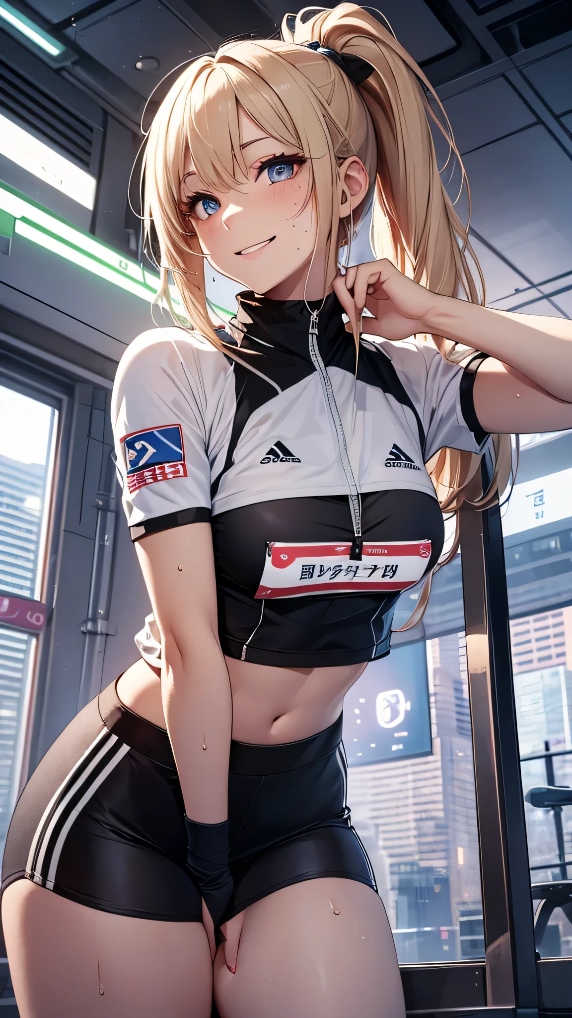最high quality、best image quality、masterpiece、girl((20-year-old、 By becoming、vest bust、medium bust,wide open breast tea、shining eyes, blonde、long hair、thin,highest valley、ponytail、action of looking up、right arm bandage、Sportswear with a wide open chest、berry shorts、cool pose、holding a black smartphone、sweating、smile、forward leaning movement)),high quality、beautiful art、background((cyber sports gym))、Flight、debris flies、Depth of written boundary、movie、visual art、perfect art、8k,genuine、