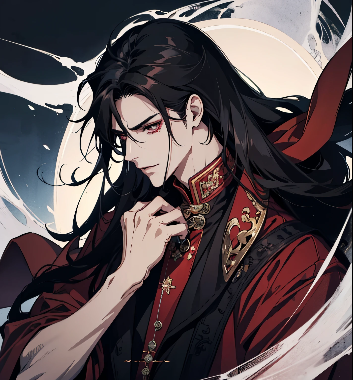 close up of a person in a red coat and black hair, alucard, full body xianxia, beautiful male god of death, vampire fashion, detailed anime character art, male vampire of clan banu haqim, full body black and red longcoat, l vampire, with his long black hair, androgynous vampire, detailed 25 year old male face, ultra realistic anime red eyes no emotions, INTJ, intelligent,