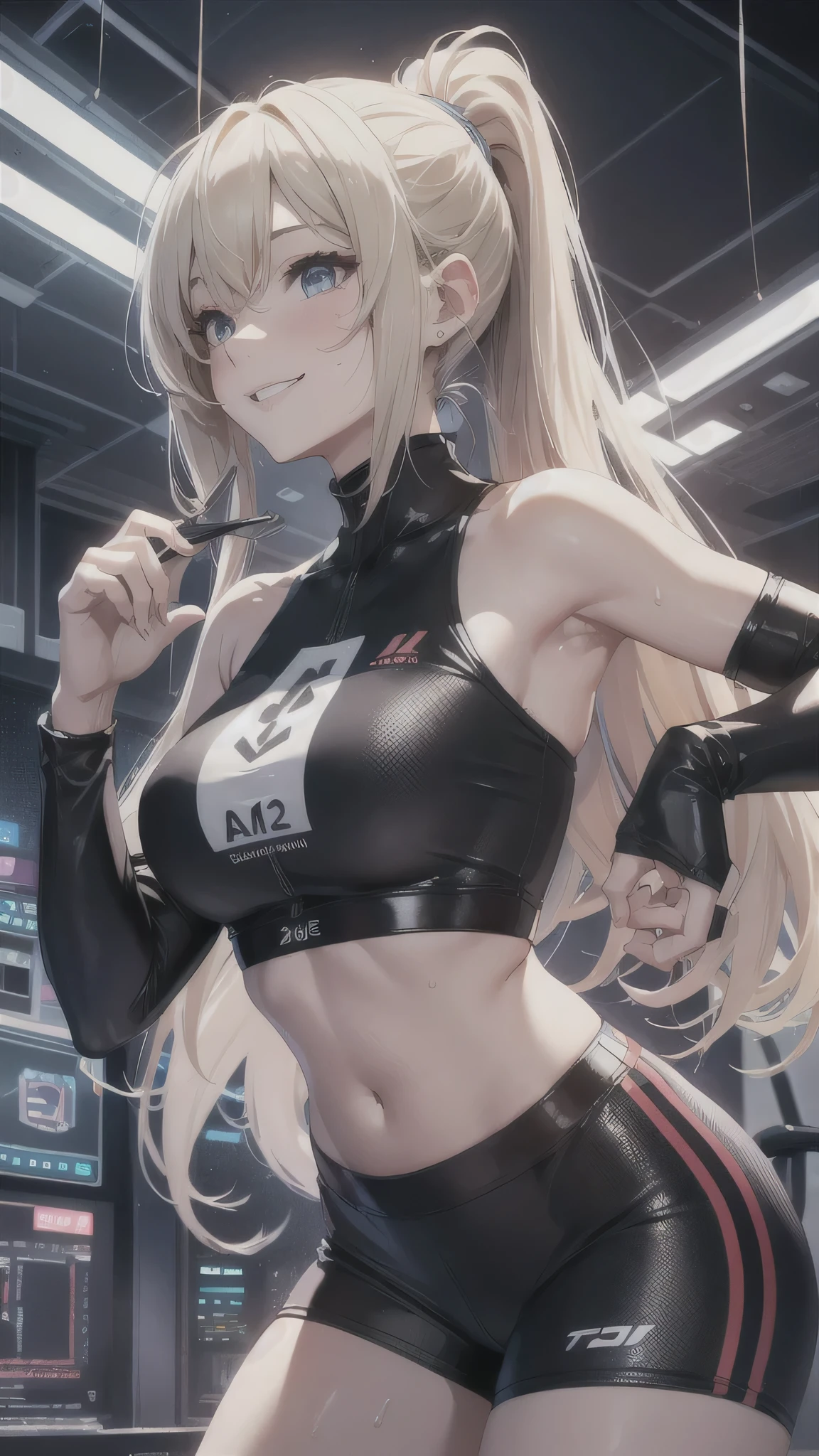 最high quality、best image quality、masterpiece、girl((20-year-old、 By becoming、vest bust、medium bust,wide open breast tea、shining eyes, blonde、long hair、thin,highest valley、ponytail、action of looking up、right arm bandage、Sportswear with a wide open chest、berry shorts、cool pose、holding a black smartphone、sweating、smile、forward leaning movement)),high quality、beautiful art、background((cyber sports gym))、Flight、debris flies、Depth of written boundary、movie、visual art、perfect art、8k,genuine、