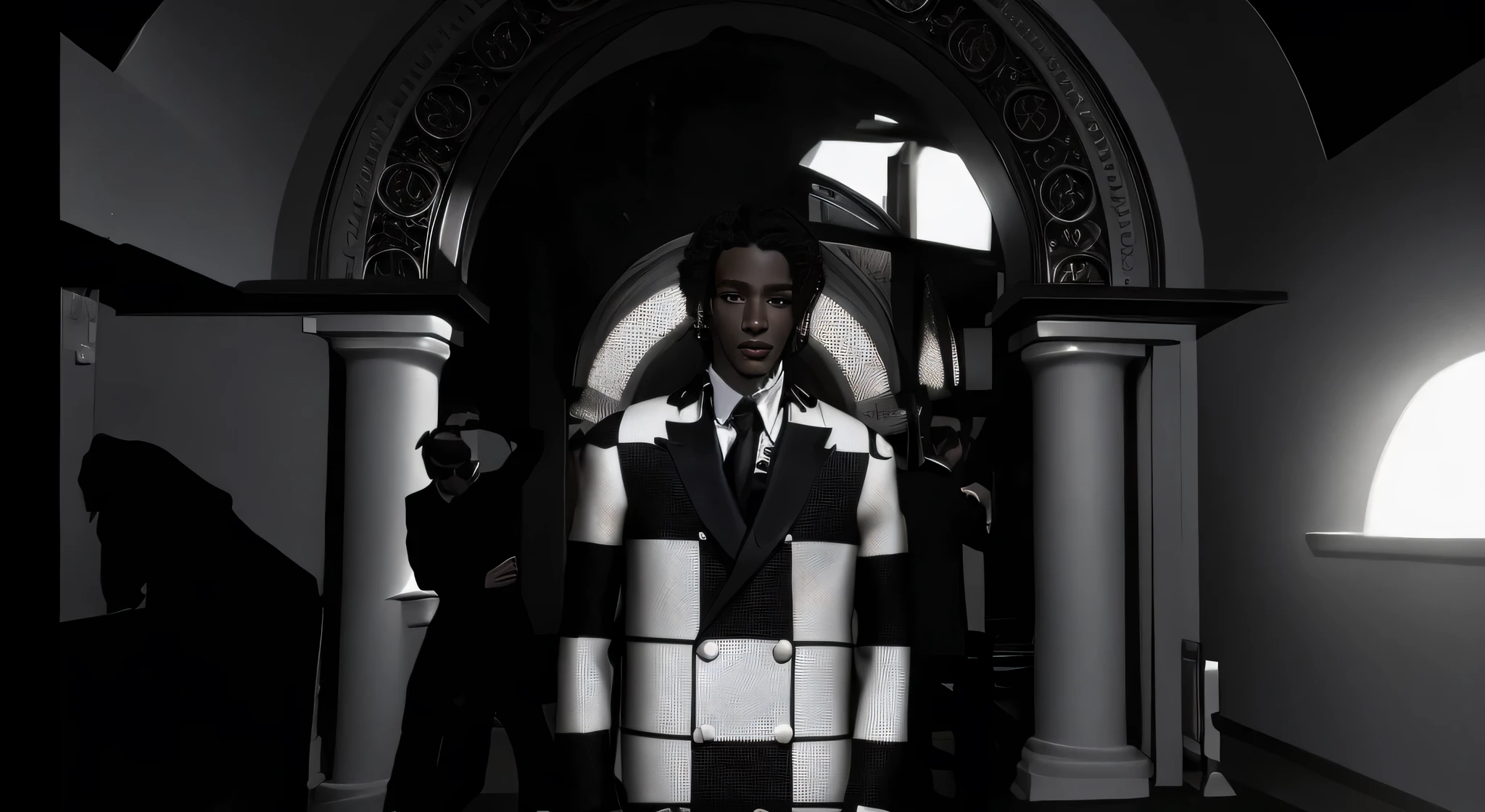 arafed image of a man in a black and white checkered coat, official vuitton editorial, official dior editorial, official valentino editorial, youtube video screenshot, official prada editorial, dior campaign, still from a music video, wearing louis vuitton armor, louis vuitton suit, official vogue editorial, vogue italia, smooth in _ the background, comme des garcon campaign