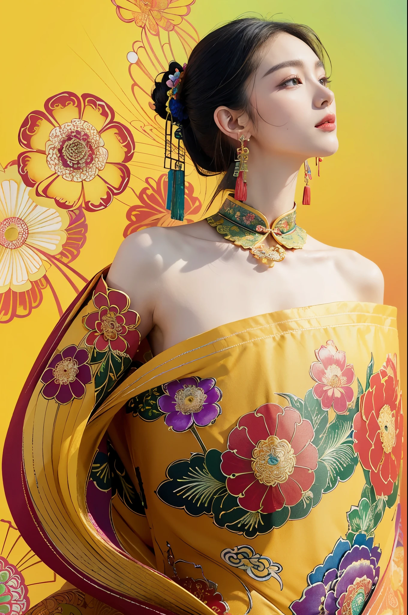 (masterpiece, top quality, best quality, official art, beautiful and aesthetic:1.2), (1girl:1.3), extremely detailed,(fractal art:1.1),(colorful:1.1)(flowers:1.3),highest detailed,(zentangle:1.2),(slim,thin), (dynamic pose), (abstract background:1.3), (chinese Traditional cloth:1.2), (shiny skin), (many colors:1.4), ,(earrings:1.4),