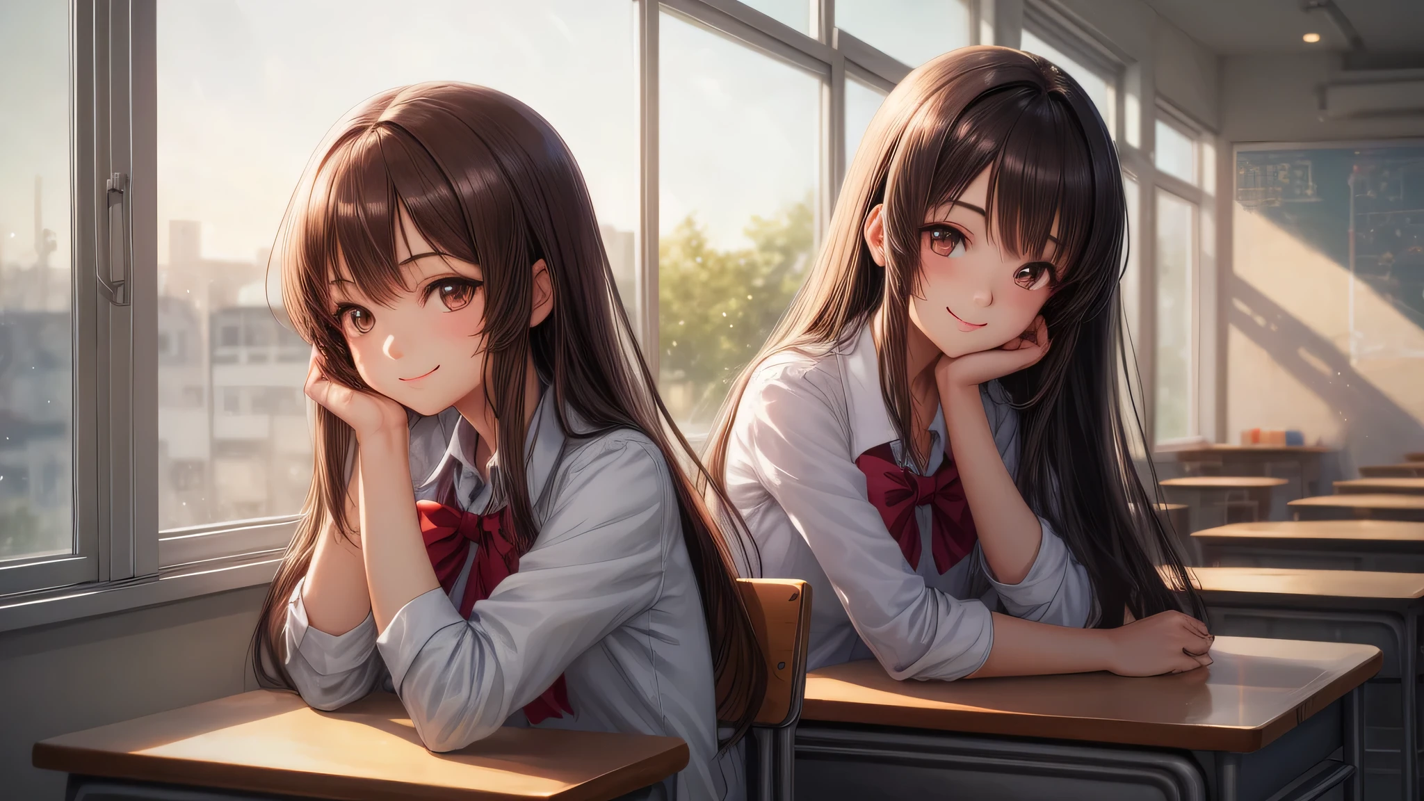 1ung girl, long hair, brown eyes, (smile slightly, Innocent and cute expression), model, Enchanting, Sublime, Ethereal, fantastic, indoors, (Bokeh), (anime , anime illustration), school, classroom, depth of fields,