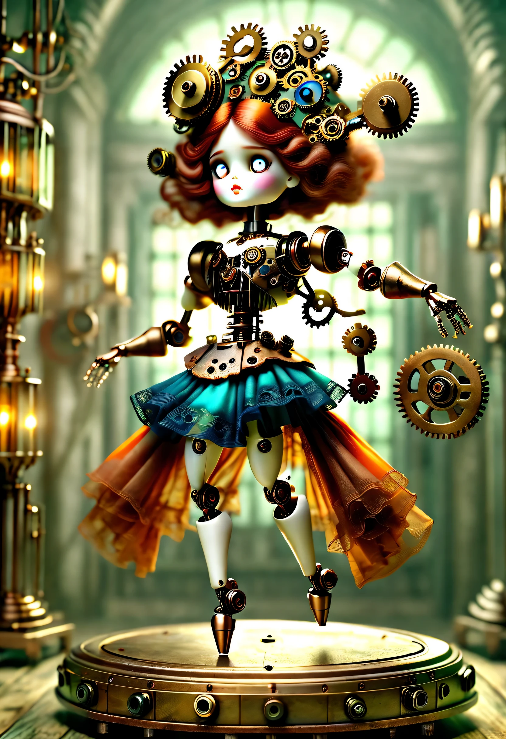 Marble sculpture style, robot character, Beautiful and meticulous，Doll design，Mechanical dolls，（Mechanically controlled doll dances ballet），Mechanical clockwork，gear，Mechanical device base，Insert the top screw key into the back of the doll，Extra long wavy red head，green skirt，rotate，dance，Motion ray tracing，discover realism，dramatic lighting，Aged and weathered appearance，Steampunk elements，Eerie and surreal atmosphere，Intricate lace pattern，Like composition，exquisite craft，Gothic aesthetics，strange beauty+，[high dynamic range]，[Fear]，[concept artist]，[keen focus]，[main]，[bright colors]，[Bokeh]，long range shot，See deeply，blue，tangerine，