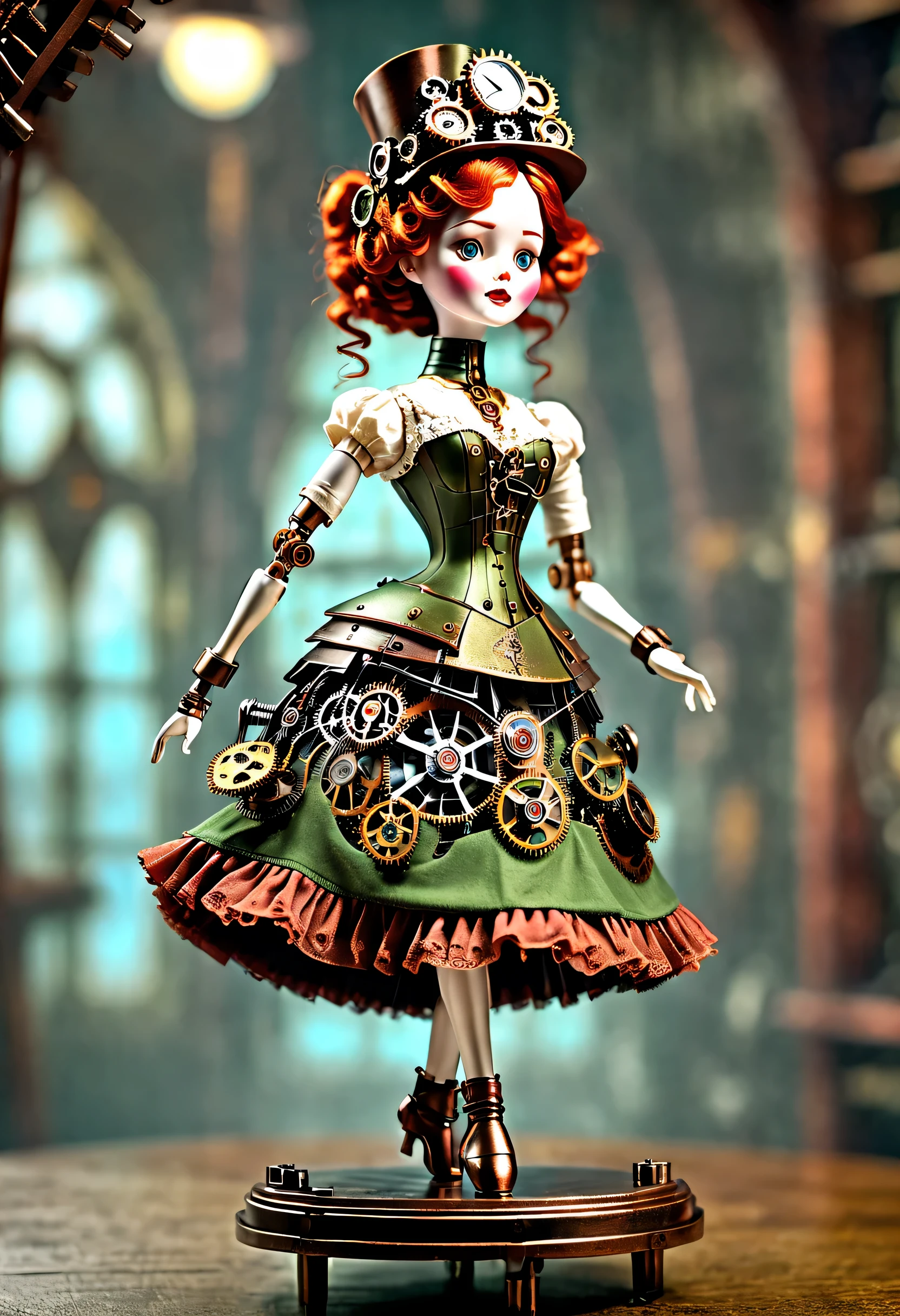 Doll design，Mechanical dolls，（Mechanical controls for Snowy machines&#39;Working doll is dancing ballet：1.3），Mechanical clockwork，gear，Mechanical device base，Insert the top screw key into the back of the doll，Extra long wavy red head，green skirt，rotate，dance，Motion ray tracing，discover realism，dramatic lighting，Aged and weathered appearance，Steampunk elements，Eerie and surreal atmosphere，Intricate lace pattern，Like composition，exquisite craft，Gothic aesthetics，strange beauty+，[high dynamic range]，[Fear]，[concept artist]，[keen focus]，[main]，[bright colors]，[Bokeh]，long range shot，See deeply，blue，tangerine，