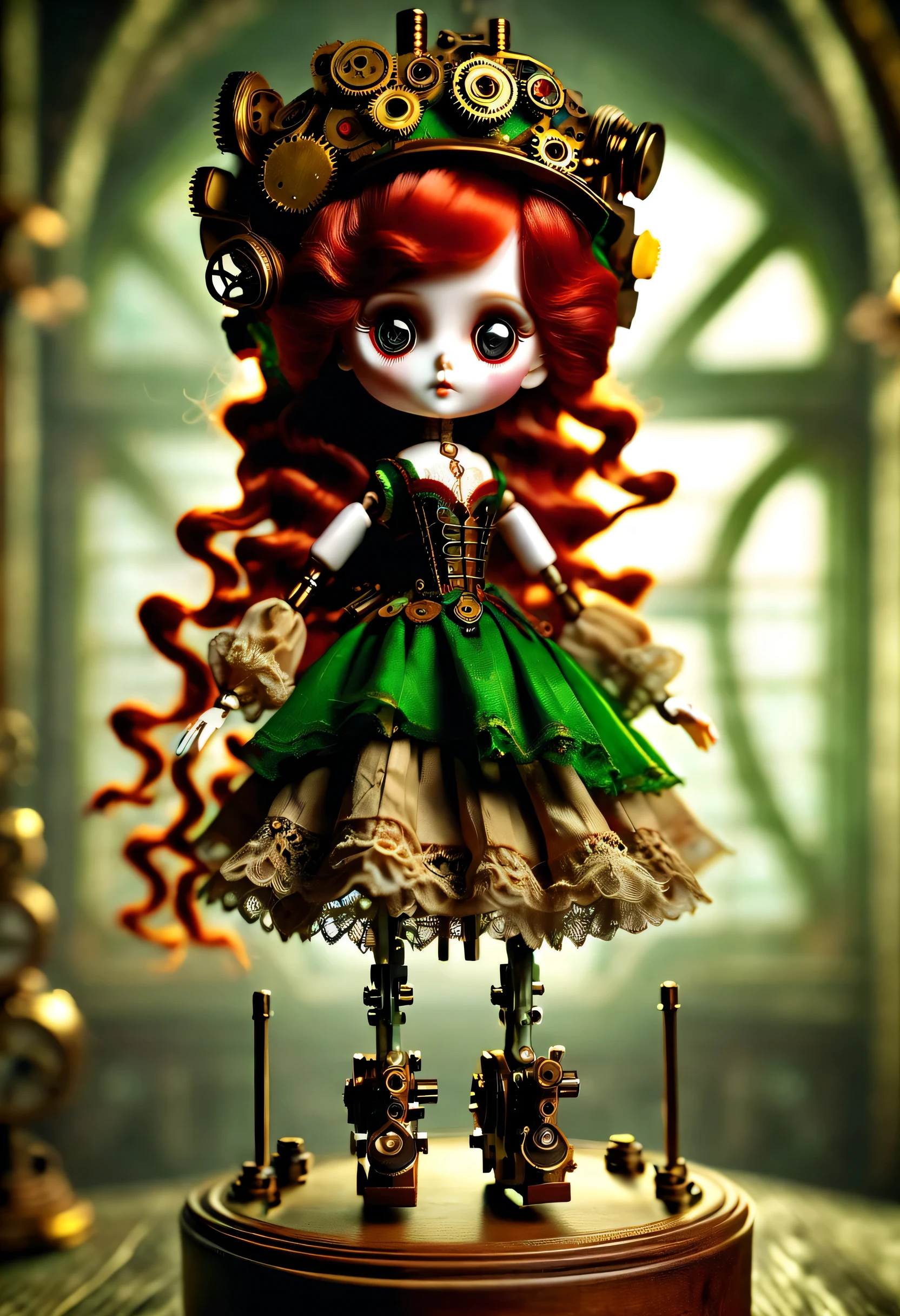 Doll design，Mechanical dolls，（机械gear和铁丝正在吊悬着控制着一个娃娃玩偶），music box，，dance mechanical clockwork，gear，（Mechanical device wooden base），（Insert the top screw key into the back of the doll），Extra long wavy red head，green skirt，discover realism，dramatic lighting，Aged and weathered appearance，Steampunk elements，Eerie and surreal atmosphere，Intricate lace pattern，Like composition，exquisite craft，Gothic aesthetics，strange beauty+，[high dynamic range]，[Fear]，[concept artist]，[keen focus]，[main]，[bright colors]，[Bokeh]，long range shot，See deeply，