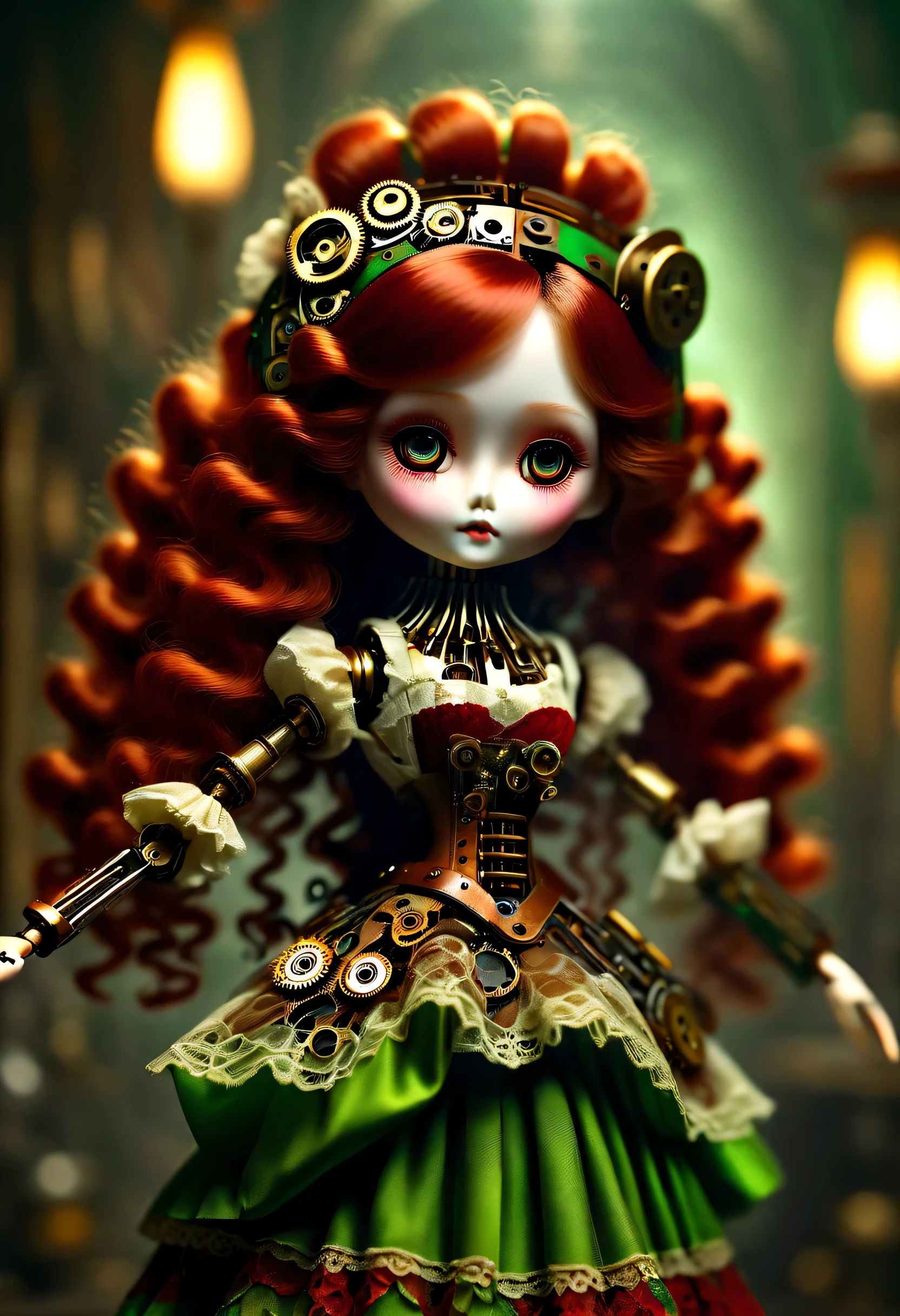 Doll design，Mechanical dolls，（机械gear和铁丝正在吊悬着控制着一个娃娃玩偶），dance mechanical clockwork，gear，（Mechanical device wooden base），（Insert the top screw key into the back of the doll），Extra long wavy red head，green skirt，discover realism，dramatic lighting，Aged and weathered appearance，Steampunk elements，Eerie and surreal atmosphere，Intricate lace pattern，Like composition，exquisite craft，Gothic aesthetics，strange beauty+，[high dynamic range]，[Fear]，[concept artist]，[keen focus]，[main]，[bright colors]，[Bokeh]，long range shot，See deeply，sharp focus