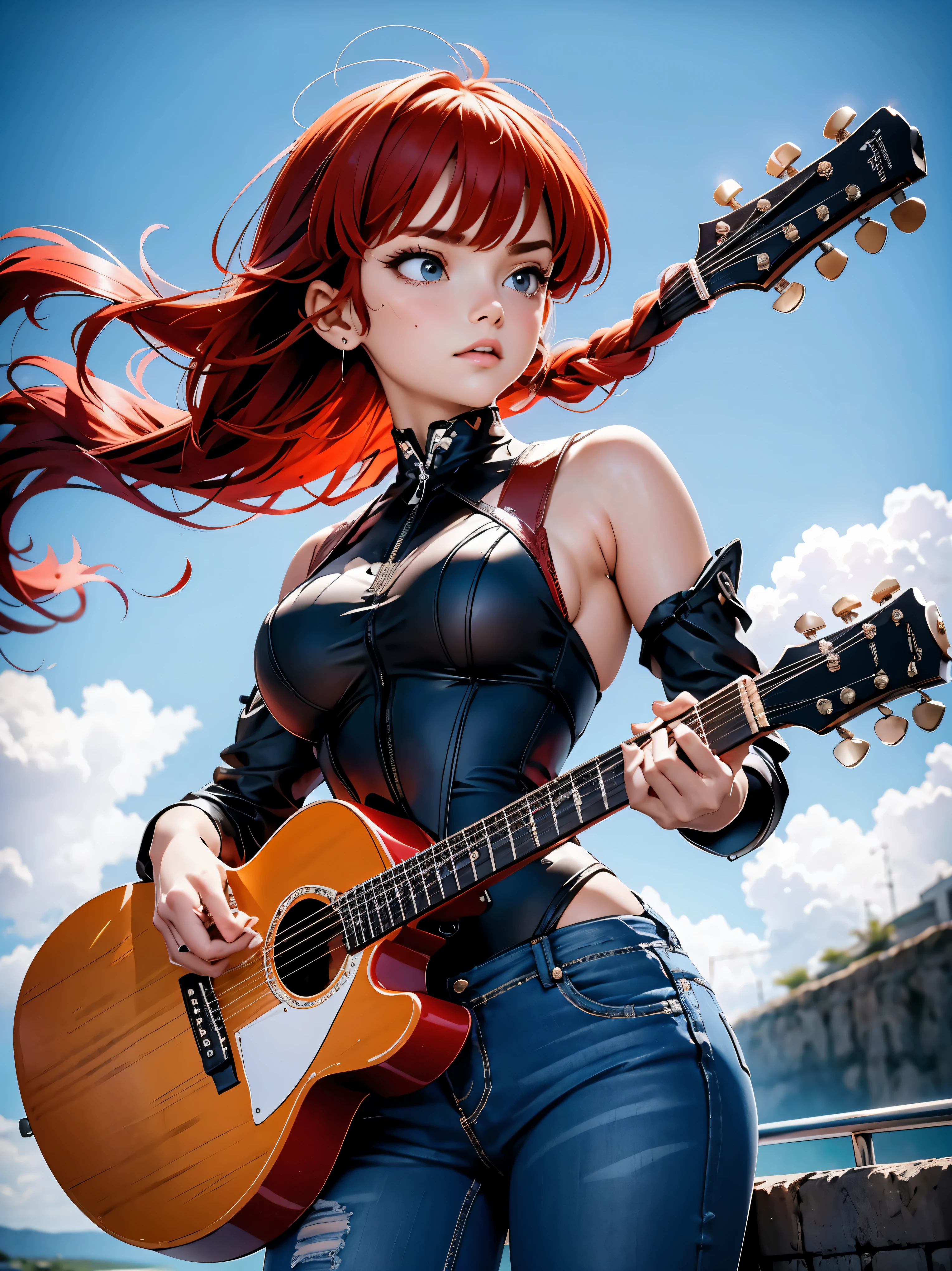 Garota Ruiva de anime guitarrista, guitarist girl em bermuda jeans e corset preto e guitarra preta, 15 anos, corpo bonito, seios grandes, tocando guitarra eletrica, estilo heavy metal, tema da banda Iron Maiden, Garota sexy, red hair with braid, beautiful lighting, sombras suaves, olhos azuis, pernas bonitas, hair with braid, estilo anime, Ranma Chan, Autora Rumiko Takahashi, Baseado em obra de Rumiko Takahashi, Anime Ranma 1/ 2, decote sexy, quadril robusto, corpo inteiro, corpo inteiro, busto grande, garota jovem com corpo belo e bonito, sandals on his feet, garota 15 anos jovem baixa estatura, vestindo short jeans e corset, garota anime, estilo anime, beautiful feet in sandals, 45° viewing angle, ao ar livre, hair braid vermelho, grande , peito grande, hair braid, garota guitarrista, Heavy metal music, braided hair blown by strong wind, guitar in hands, tocando guitarra, vento forte, guitarra preta