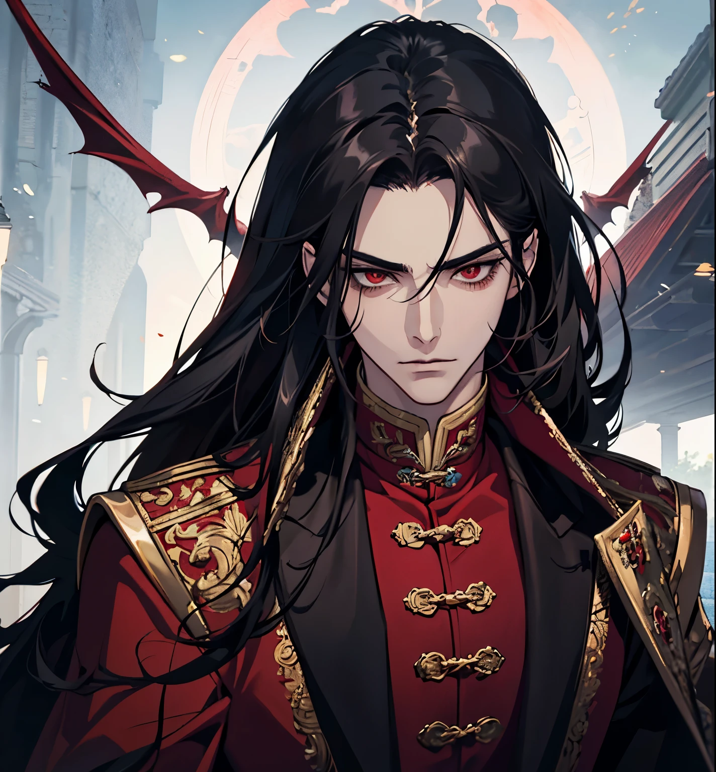 close up of a person in a red coat and black hair, alucard, full body xianxia, full body, beautiful male god of death, vampire fashion, detailed anime character art, male vampire of clan banu haqim, full body black and red longcoat, l vampire, with his long black hair, androgynous vampire, detailed 25 year old male face, ultra realistic anime red eyes no emotions, INTJ, intelligent,