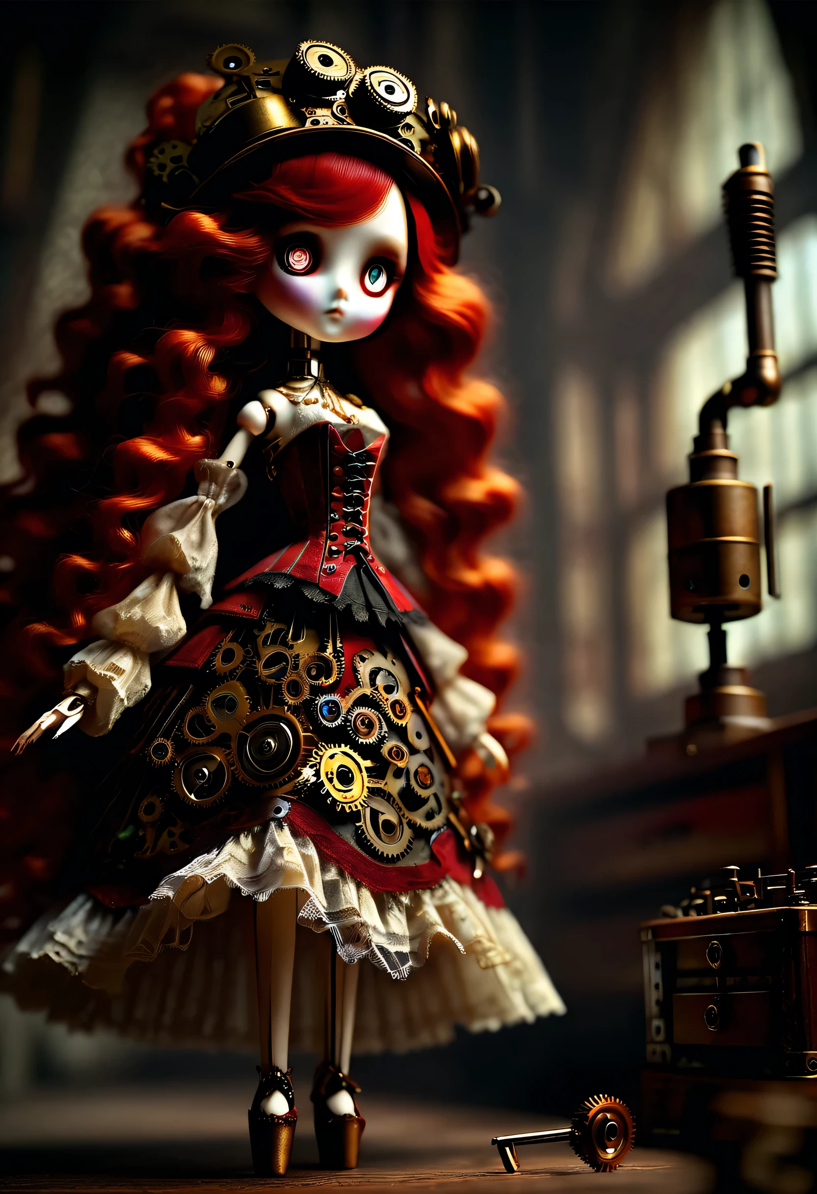 Doll design，Mechanical dolls，（机械gear和铁丝正在吊悬着控制着一个娃娃玩偶），music box，，dance mechanical clockwork，gear，（Mechanical device wooden base），（Insert the top screw key into the back of the doll），Extra long wavy red head，芭蕾舞skirt，skirt，discover realism，dramatic lighting，Aged and weathered appearance，Steampunk elements，Eerie and surreal atmosphere，Intricate lace pattern，Like composition，exquisite craft，Gothic aesthetics，strange beauty+，[high dynamic range]，[Fear]，[concept artist]，[keen focus]，[main]，[bright colors]，[Bokeh]，long range shot，See deeply，