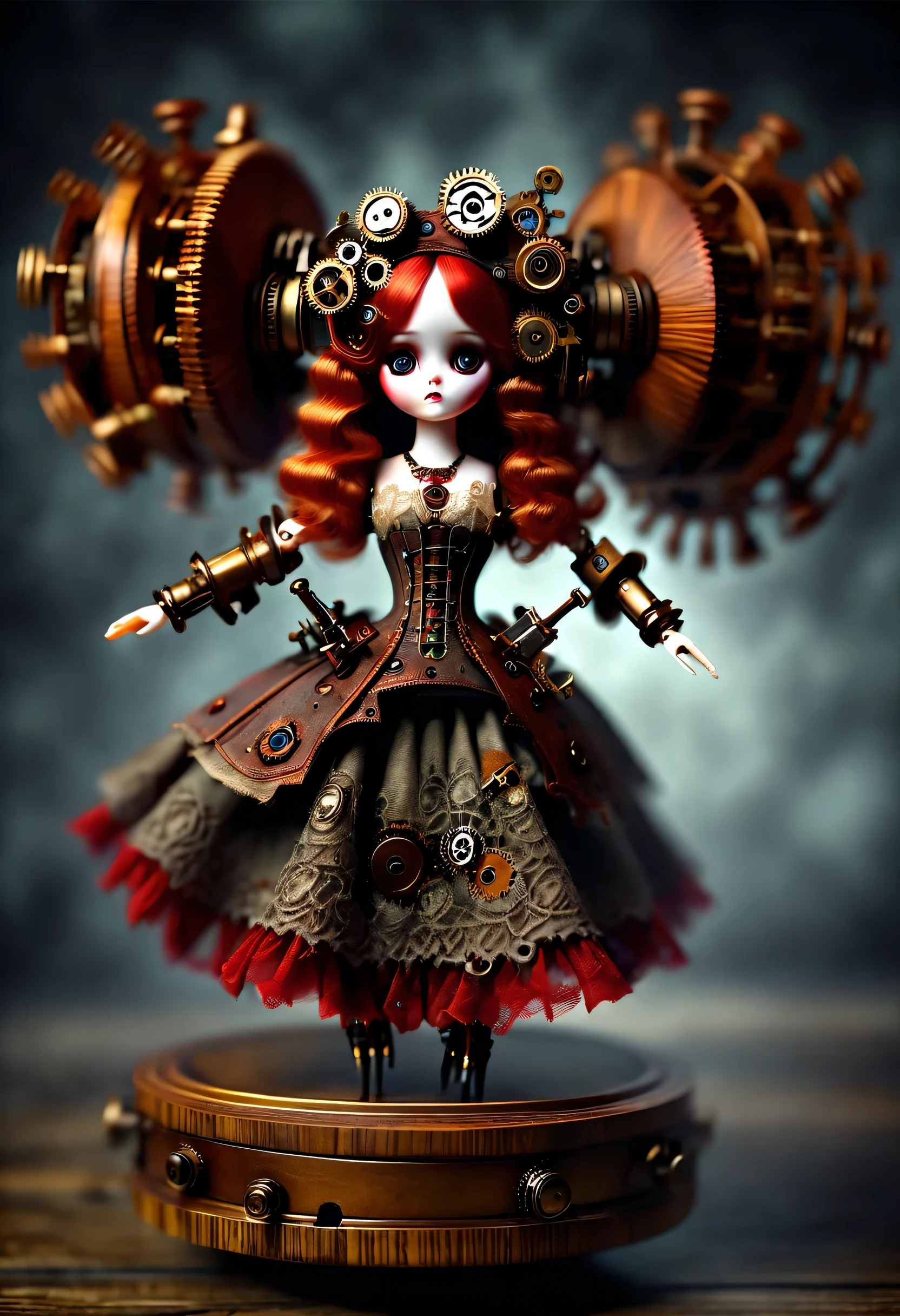 Doll design，Mechanical dolls，（机械gear和铁丝正在吊悬着控制着一个娃娃玩偶），music box，，dance mechanical clockwork，gear，（Mechanical device wooden base），（Insert the top screw key into the back of the doll），Extra long wavy red head，芭蕾舞skirt，skirt，discover realism，dramatic lighting，Aged and weathered appearance，Steampunk elements，Eerie and surreal atmosphere，Intricate lace pattern，Like composition，exquisite craft，Gothic aesthetics，strange beauty+，[high dynamic range]，[Fear]，[concept artist]，[keen focus]，[main]，[bright colors]，[Bokeh]，long range shot，See deeply，