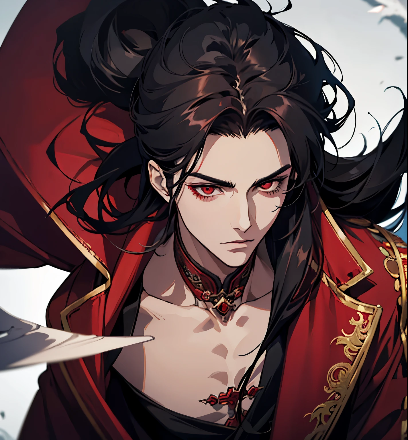 close up of a person in a red coat and black hair, alucard, full body xianxia, full body, beautiful male god of death, vampire fashion, detailed anime character art, male vampire of clan banu haqim, full body black and red longcoat, l vampire, with his long black hair, androgynous vampire, detailed 25 year old male face, ultra realistic anime red eyes no emotions, INTJ, intelligent,