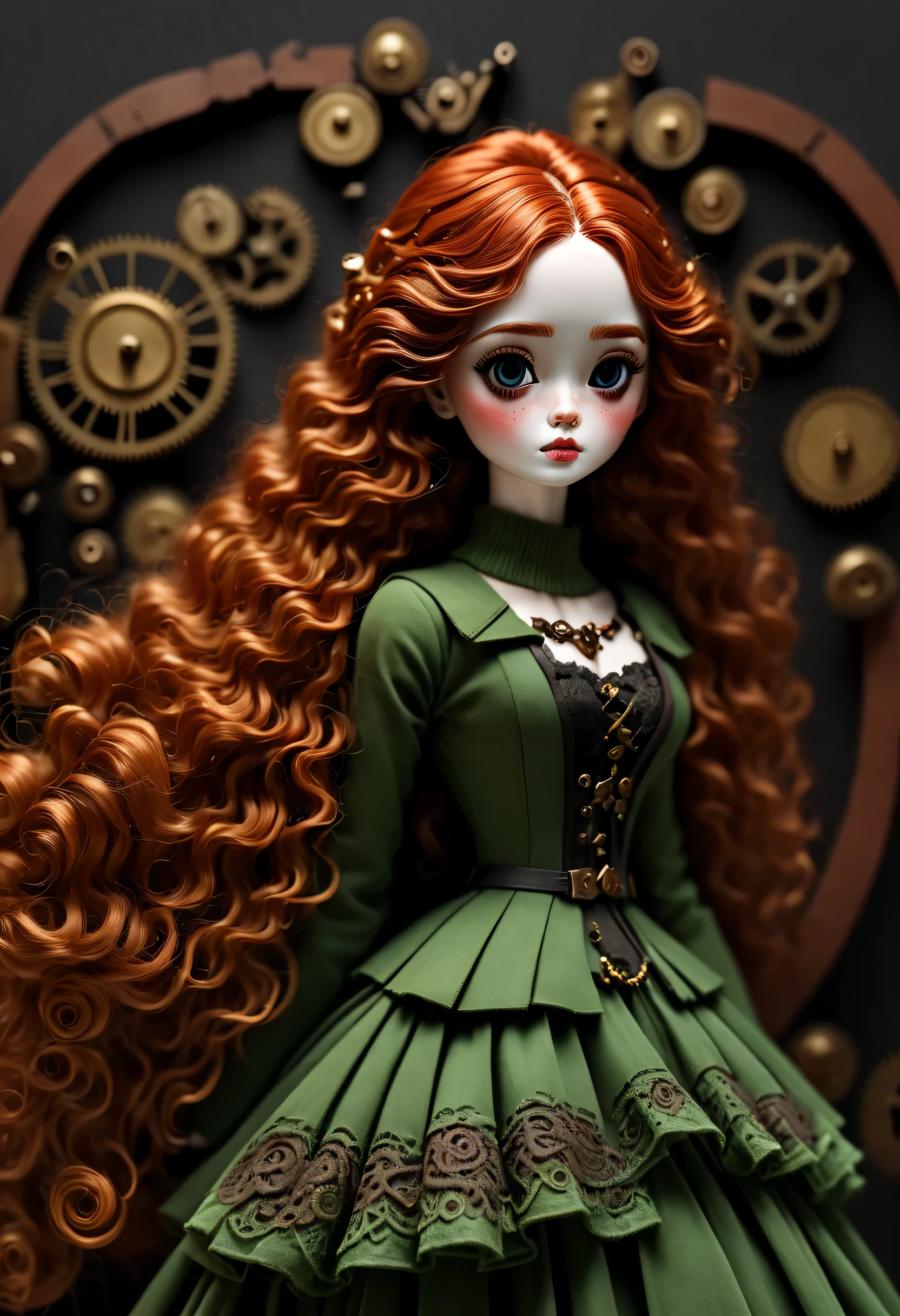 Doll design，Mechanical dolls，（机械gear和铁丝正在吊悬着控制着一个机器娃娃玩偶），Mechanical clockwork，gear，（Mechanical device wooden base），Robotic hands and feet，（Insert the top screw key into the back of the doll），Extra long wavy red head，green skirt，discover realism，small freckles，dramatic lighting，Swirl light movement，Aged and weathered appearance，Steampunk elements，Eerie and surreal atmosphere，Intricate lace pattern，Like composition，exquisite craft，Gothic aesthetics，strange beauty+，[high dynamic range]，[Fear]，[concept artist]，[keen focus]，[main]，[bright colors]，[Bokeh]，long range shot，See deeply，