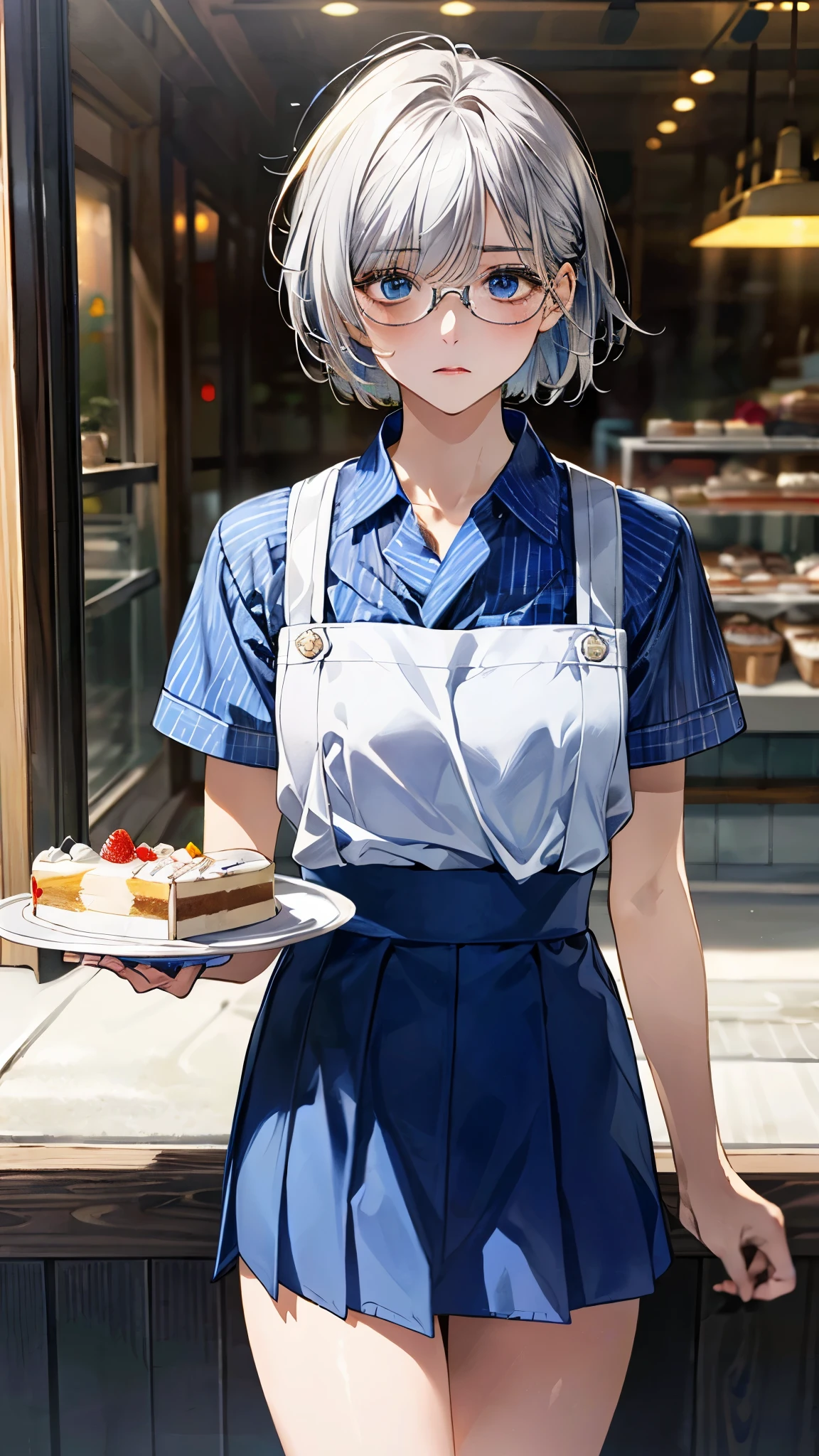 (masterpiece:1.2, top-quality), (realistic, photorealistic:1.4), beautiful illustration, (natural side lighting, movie lighting), 
looking at viewer, 1 girl, japanese, (cake craftsman), , perfect face, (perfect anatomy), cute and symmetrical face, shiny skin, slender
(short hair:0.8, bob cut:1.5, silver hair), blunt bangs, hair between eyes, blue eyes, big eyes, drooping eyes, slant eyes, long eye lasher, (medium breasts), 
beautiful hair, beautiful face, beautiful detailed eyes, beautiful clavicle, beautiful body, beautiful chest, beautiful thigh, beautiful legs, 
((detailed cloth texture, blue stripe collared shirt, blue skirt), white apron, metallic blue-rimmed glasses), , 
(beautiful scenery), evening, (cake shop), (standing, holding a tray with a cake on it), (troubled expression), 