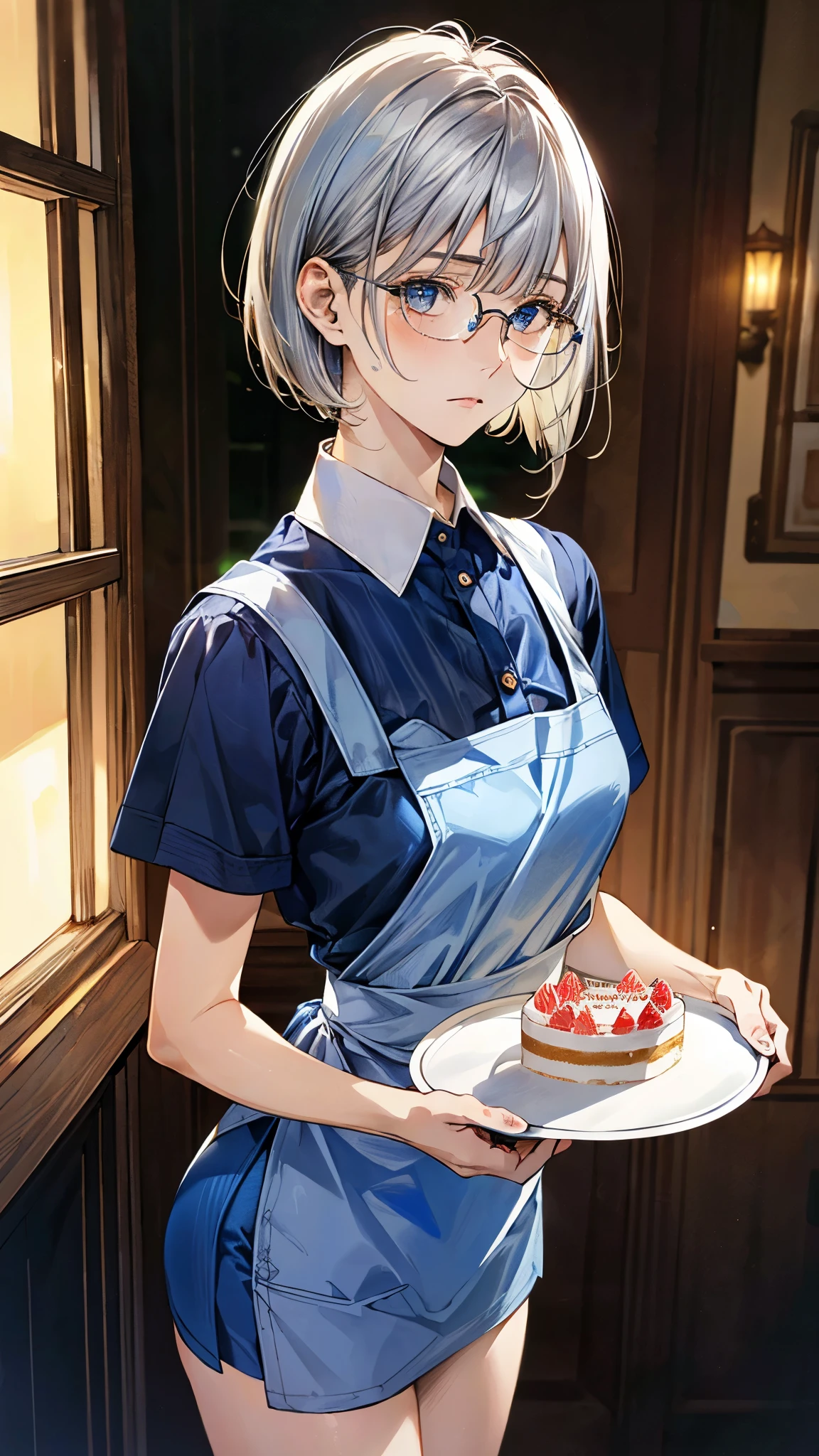 (masterpiece:1.2, top-quality), (realistic, photorealistic:1.4), beautiful illustration, (natural side lighting, movie lighting),
looking at viewer, 1 girl, japanese, (cake craftsman), , perfect face, (perfect anatomy), cute and symmetrical face, shiny skin, slender
(short hair:0.8, bob cut:1.5, silver hair), blunt bangs, hair between eyes, blue eyes, big eyes, drooping eyes, slant eyes, long eye lasher, (medium breasts),
beautiful hair, beautiful face, beautiful detailed eyes, beautiful clavicle, beautiful body, beautiful chest, beautiful thigh, beautiful legs,
((detailed cloth texture, blue stripe collared shirt, blue skirt), white apron, metallic blue-rimmed glasses), ,
(beautiful scenery), evening, (cake shop), (standing, holding a tray with a cake on it), (troubled expression),
