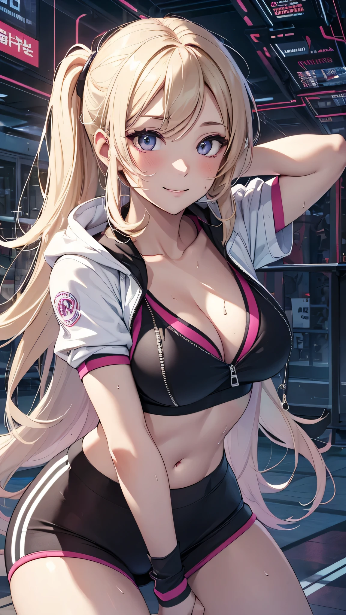最high quality、best image quality、masterpiece、girl((20-year-old、 By becoming、vest bust、medium bust,wide open breast tea、shining eyes, blonde、long hair、thin,highest valley、ponytail、action of looking up、right arm bandage、Black and purple hoodie with a wide open chest、short belly sports pants、cool pose、holding a black smartphone、sweating、smile、forward leaning movement)),high quality、beautiful art、background((cyber sports gym))、Flight、debris flies、Depth of written boundary、movie、visual art、perfect art、8k,genuine、
