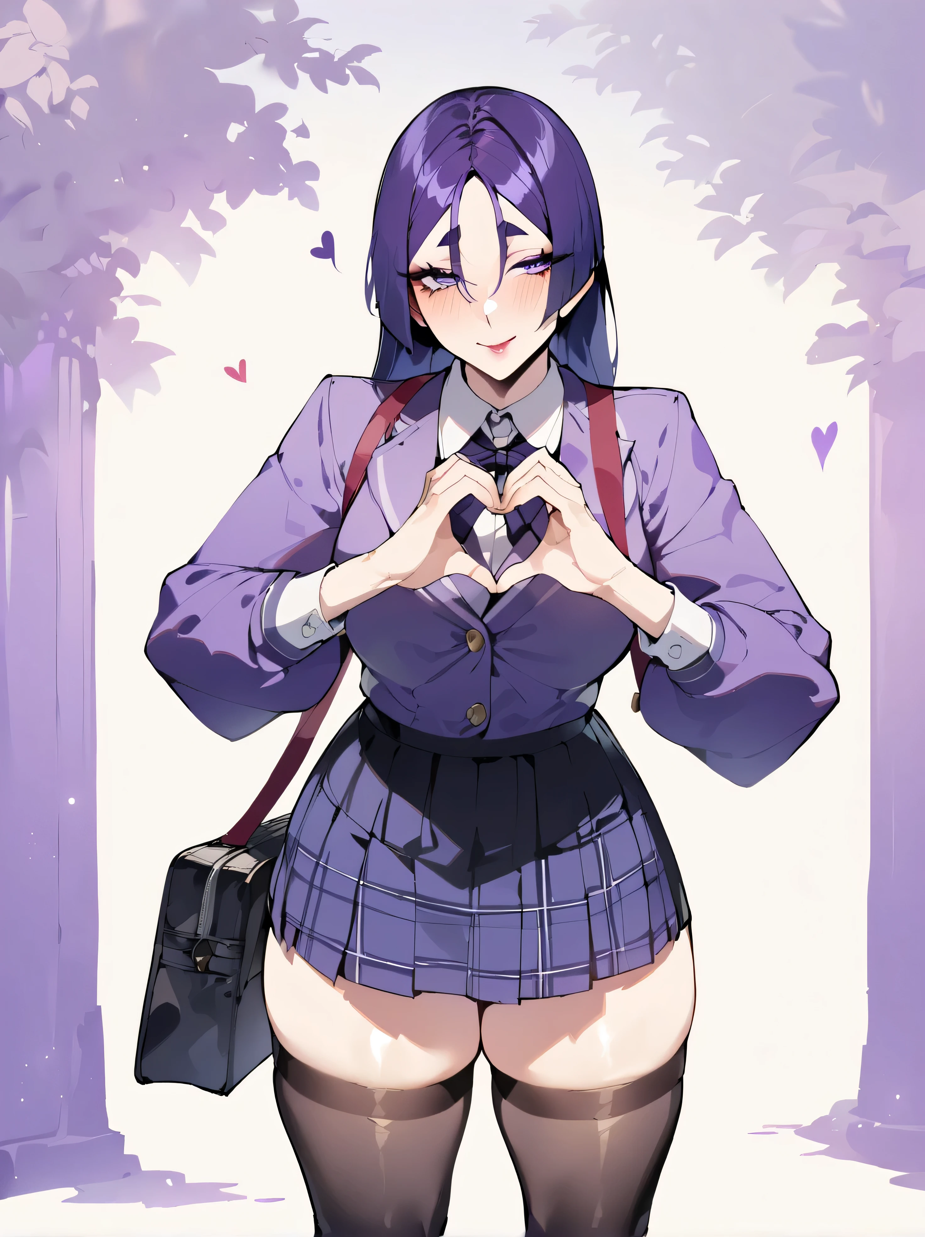 1 girl, Minamoto no Raiko \(fate\), fate/great order, Masterpiece, Best quality, newest, Ideal Anatomy, slender body, , detailed eyes, Perfect eyes ||||| ||||| from the nanny,by GlassJill ||||| ||||| ,, school outfit, School skirt,school bag,, stockings, One, purple eyes, school education, perfect hands, heart shaped hands
