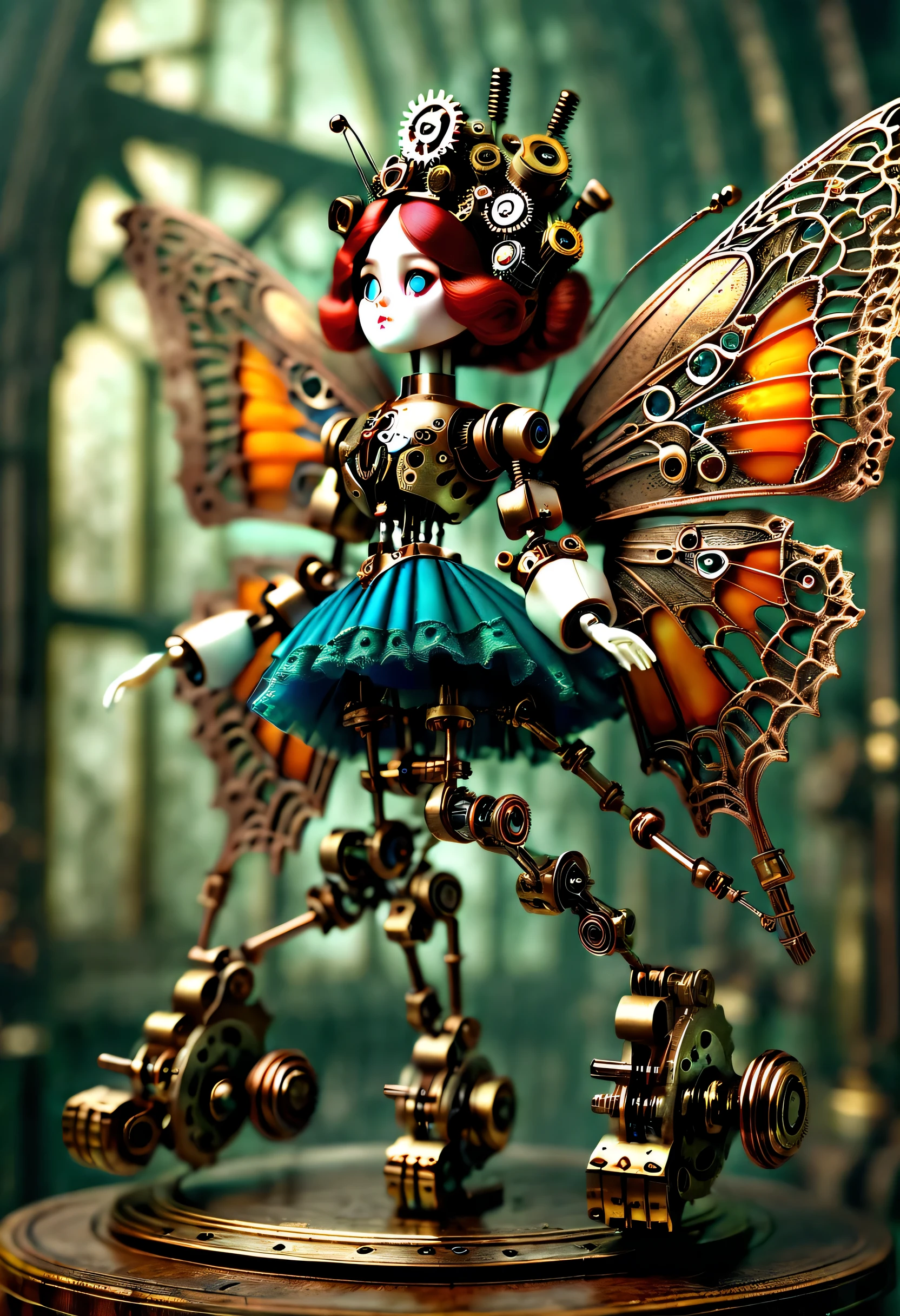 Marble sculpture style, robot character, Beautiful and meticulous，Doll design，Mechanical dolls，（Mechanically controlled doll dances ballet），Mechanical clockwork，gear，Mechanical device base，Insert the top screw key into the back of the doll，Extra long wavy red head，Transparent oversized butterfly wings，green skirt，rotate，dance，Motion ray tracing，discover realism，dramatic lighting，Aged and weathered appearance，Steampunk elements，Eerie and surreal atmosphere，Intricate lace pattern，Like composition，exquisite craft，Gothic aesthetics，strange beauty+，[high dynamic range]，[Fear]，[concept artist]，[keen focus]，[main]，[bright colors]，[Bokeh]，long range shot，See deeply，blue，tangerine，