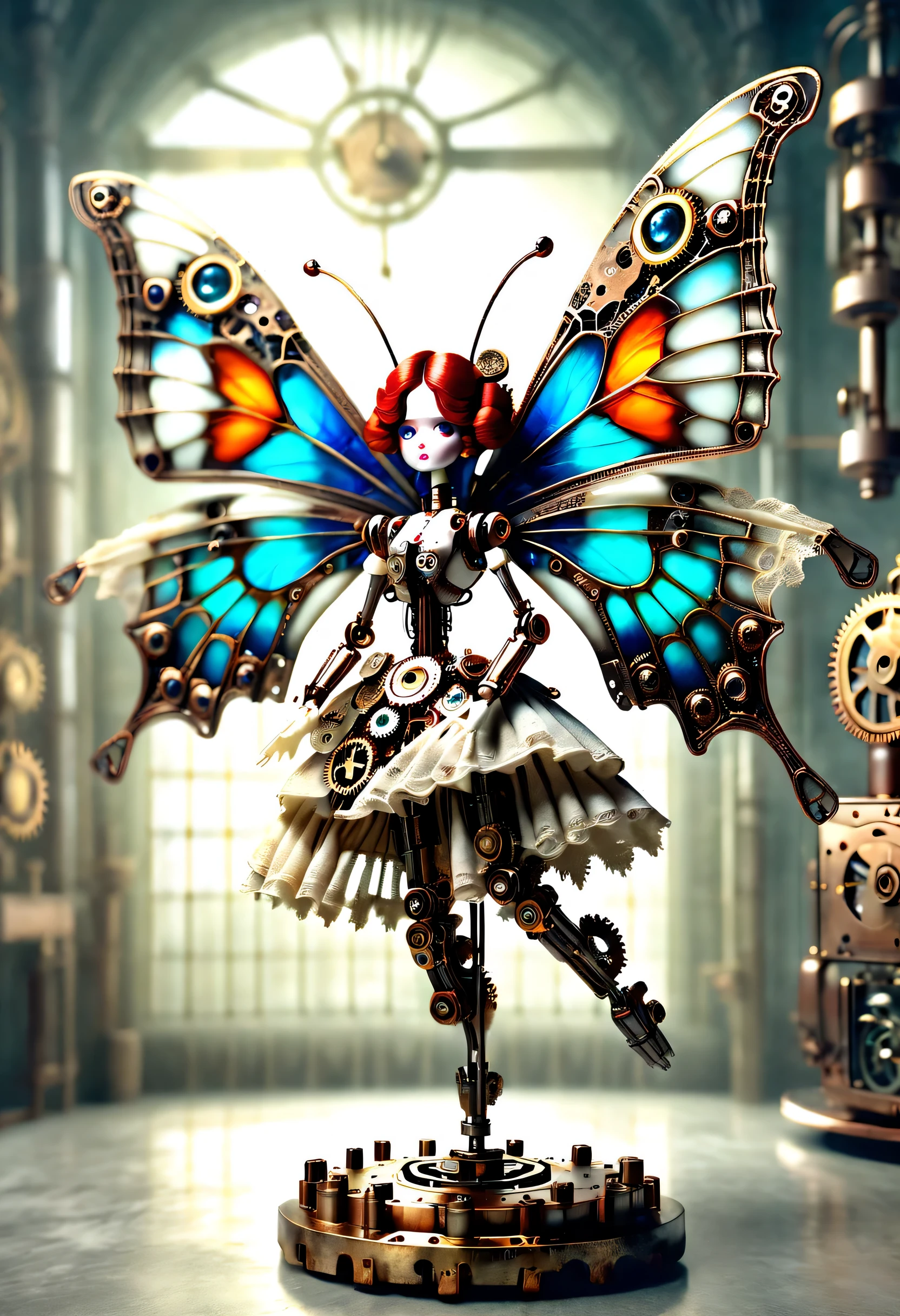 Marble sculpture style, robot character, Beautiful and meticulous，Doll design，Mechanical dolls，（Mechanically controlled doll dances ballet），Mechanical clockwork，gear，Mechanical device base，Insert the top screw key into the back of the doll，Extra long wavy red head，White sand skirt，rotate，dance，Motion ray tracing，discover realism，Dramatic lighting of transparent oversized butterfly wings，Aged and weathered appearance，Steampunk elements，Eerie and surreal atmosphere，Intricate lace pattern，Like composition，exquisite craft，Gothic aesthetics，strange beauty+，[high dynamic range]，[Fear]，[concept artist]，[keen focus]，[main]，[bright colors]，[Bokeh]，long range shot，See deeply，blue，tangerine，