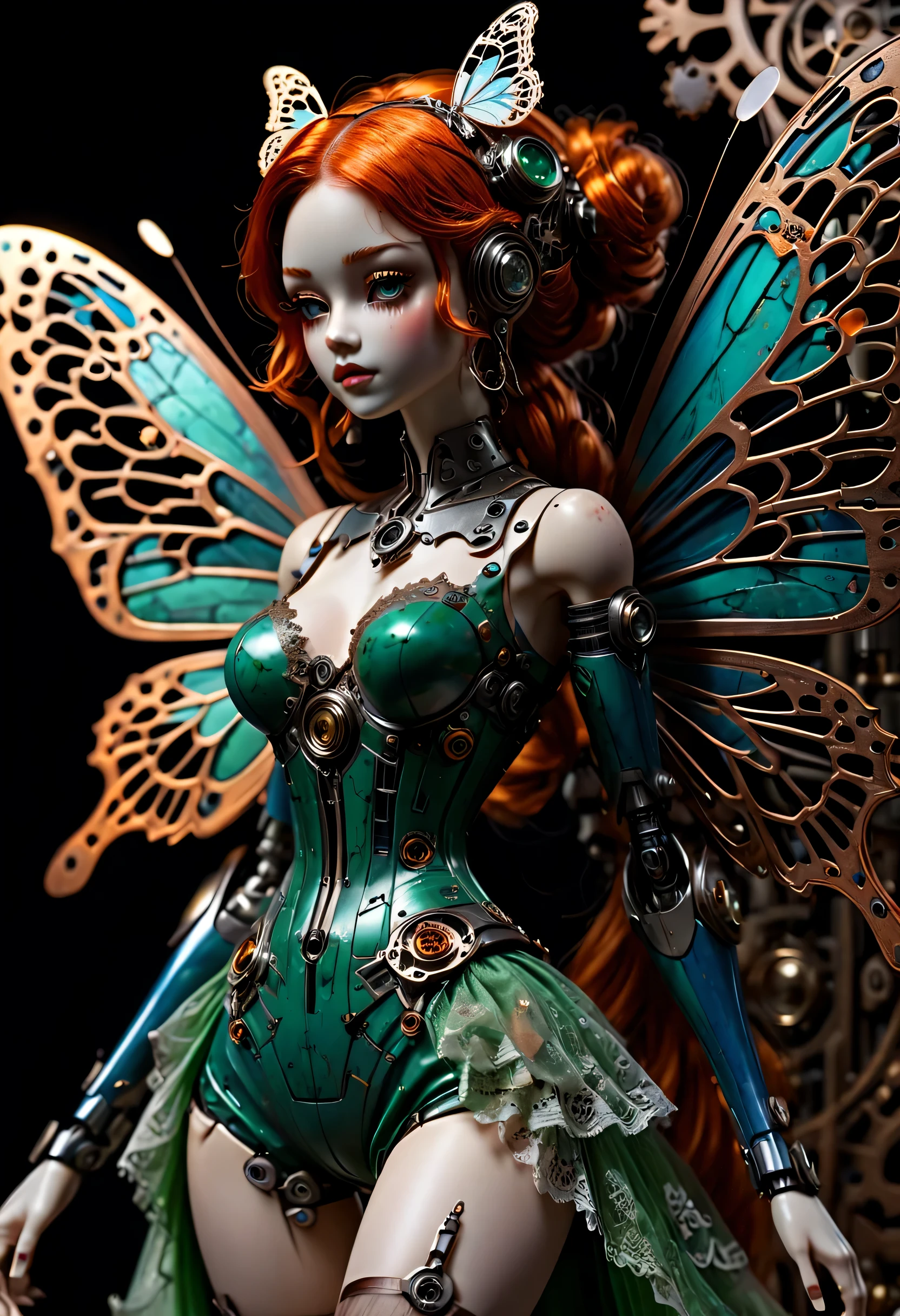 character design sheet, Marble sculpture style, robot character, Beautiful and meticulous，Doll design，Mechanical dolls，（Mechanically controlled doll dances ballet），Mechanical clockwork，gear，Mechanical device base，Insert the top screw key into the back of the doll，Extra long wavy red head，Transparent oversized butterfly wings，green skirt，rotate，dance，Motion ray tracing，discover realism，dramatic lighting，Aged and weathered appearance，Steampunk elements，Eerie and surreal atmosphere，Intricate lace pattern，Like composition，exquisite craft，Gothic aesthetics，strange beauty+，[high dynamic range]，[Fear]，[concept artist]，[keen focus]，[main]，[bright colors]，[Bokeh]，long range shot，See deeply，blue，tangerine，, (best quality, masterpiece, representative work, official art, main的, Super complex and detailed, 8k:1.3)