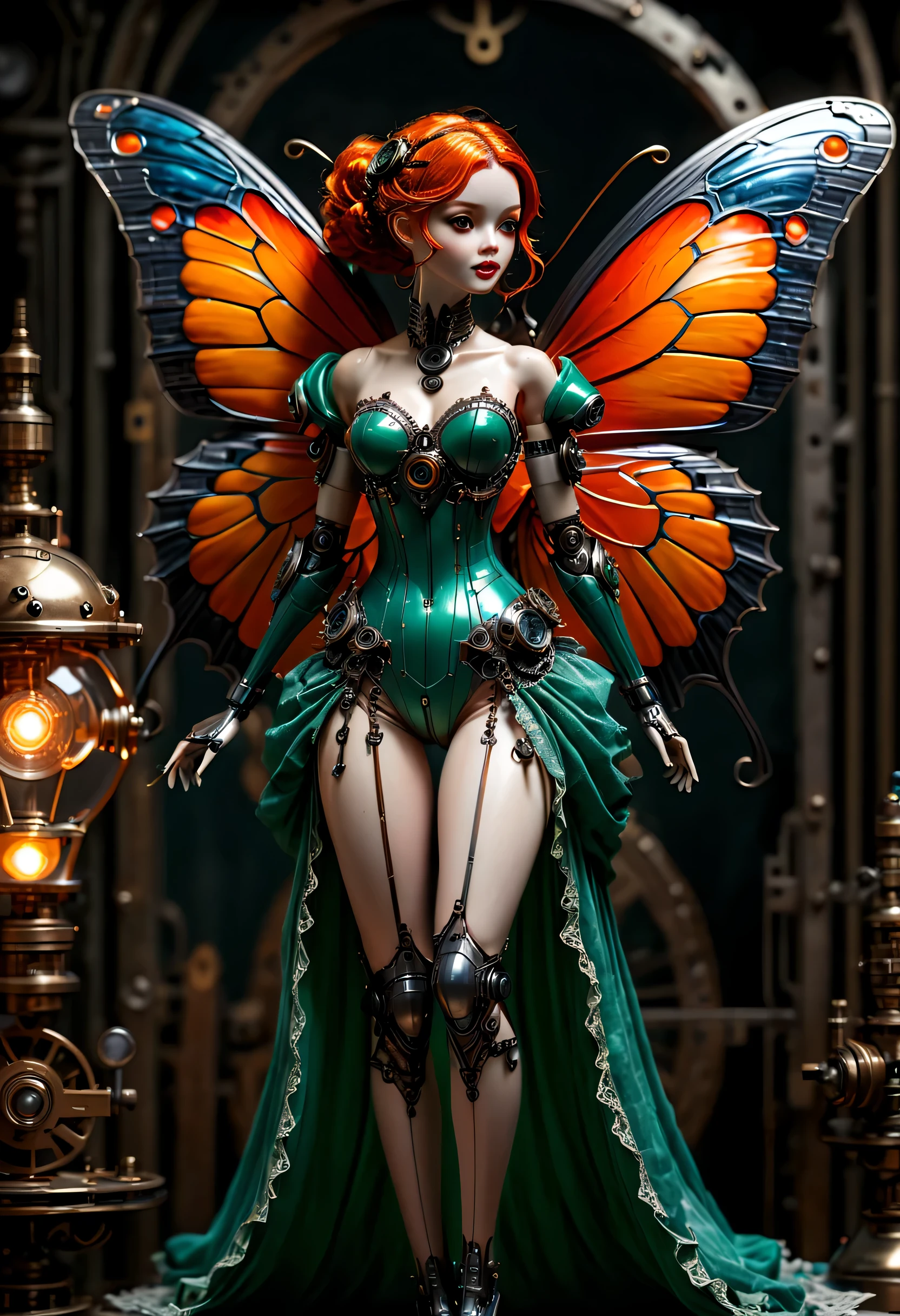 character design sheet, Marble sculpture style, robot character, Beautiful and meticulous，Doll design，Mechanical dolls，（Mechanically controlled doll dances ballet），Mechanical clockwork，gear，Mechanical device base，Insert the top screw key into the back of the doll，Extra long wavy red head，Transparent oversized butterfly wings，green skirt，rotate，dance，Motion ray tracing，discover realism，dramatic lighting，Aged and weathered appearance，Steampunk elements，Eerie and surreal atmosphere，Intricate lace pattern，Like composition，exquisite craft，Gothic aesthetics，strange beauty+，[high dynamic range]，[Fear]，[concept artist]，[keen focus]，[main]，[bright colors]，[Bokeh]，long range shot，See deeply，blue，tangerine，, (best quality, masterpiece, representative work, official art, main的, Super complex and detailed, 8k:1.3)