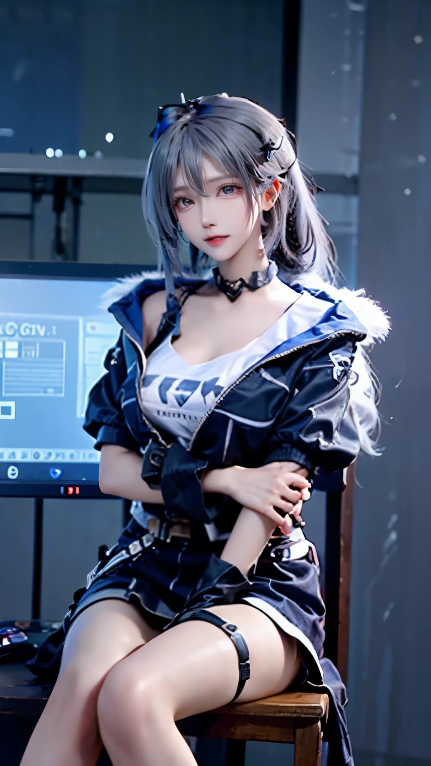 silver wolf,Supermodel, voluptuous,girl sitting,Perfect details,spoiled look,Try to hug the screen,dark room,gaming pc,gentle expression,cheeks are red