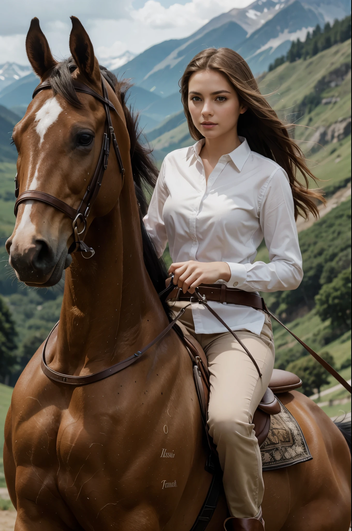 masterpiece, best quality, extremely detailed, hyperrealistic, photorealistic, a beautiful girl, riding a horse, mountain, ultra detailed face:1.1, white shirt
