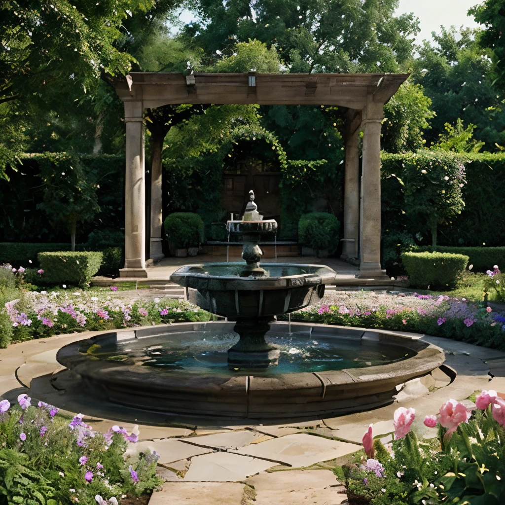 Garden with flower arches, benches, fountain, and everything else that can make it a beautiful garden.