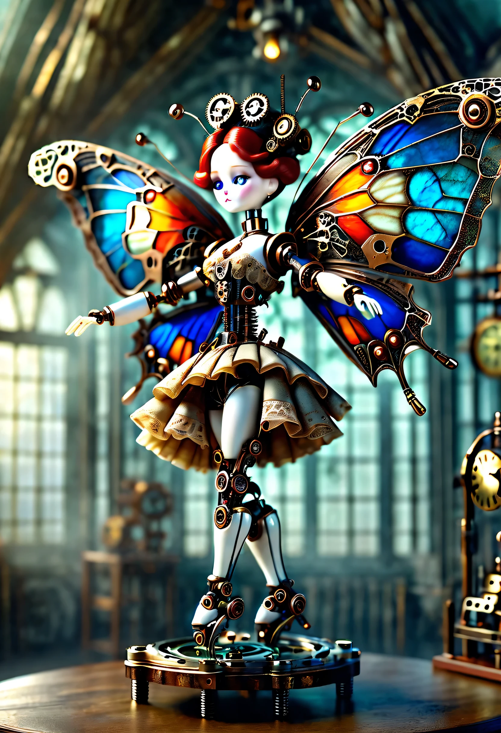 Marble sculpture style, robot character, Beautiful and meticulous，Doll design，Mechanical dolls，（Mechanically controlled doll dances ballet），Mechanical clockwork，gear，Mechanical device base，Insert the top screw key into the back of the doll，Extra long wavy red head，blue skirt，rotate，dance，Motion ray tracing，discover realism，Dramatic lighting of transparent oversized butterfly wings，Aged and weathered appearance，Steampunk elements，Eerie and surreal atmosphere，Intricate lace pattern，Like composition，exquisite craft，Gothic aesthetics，strange beauty+，[high dynamic range]，[Fear]，[concept artist]，[keen focus]，[main]，[bright colors]，[Bokeh]，long range shot，See deeply，blue，tangerine，
