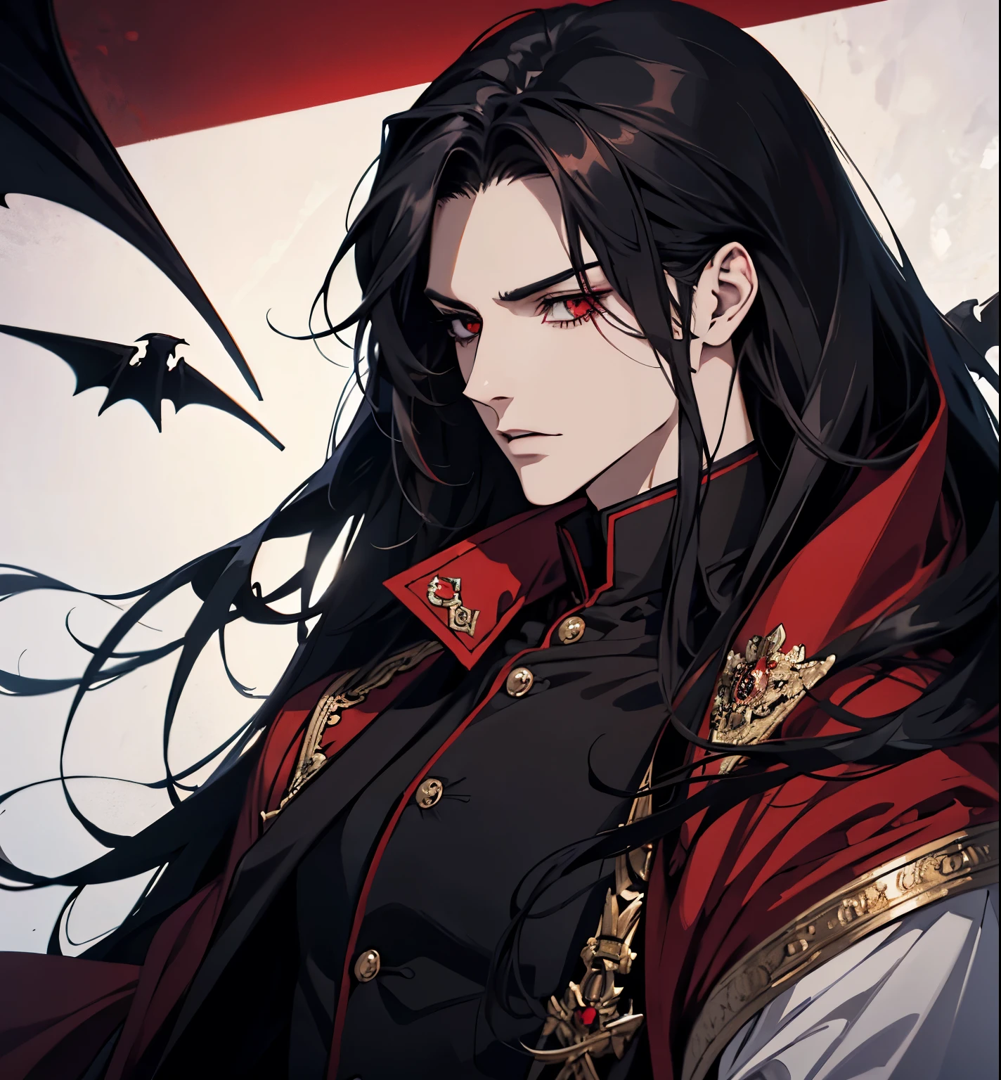 close up of a person in a red coat and black hair, alucard, full body, beautiful male god of death, vampire fashion, detailed anime character art, male vampire of clan banu haqim, full body black and red longcoat, l vampire, with his long black hair, androgynous vampire, detailed 25 year old male face, ultra realistic anime red eyes no emotions, INTJ, intelligent