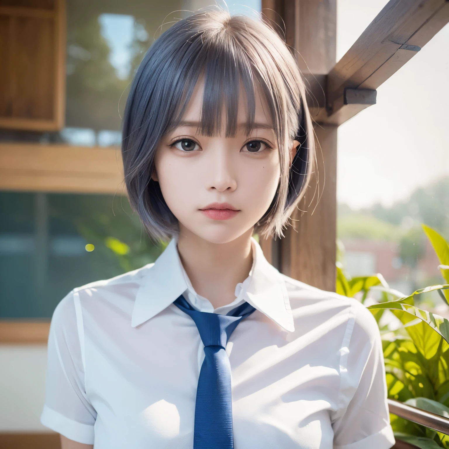 best quality, ultra high res, (photorealistic1.4), 1girl, (white shirt), (light blue necktie), (light blue short hair:1.3), bangs, red eyes, ((puffy eyes)), ((upper body)), (((looking at viewer))), ((closeup)), wearing indonesian high school uniform, indo highschool uniform,