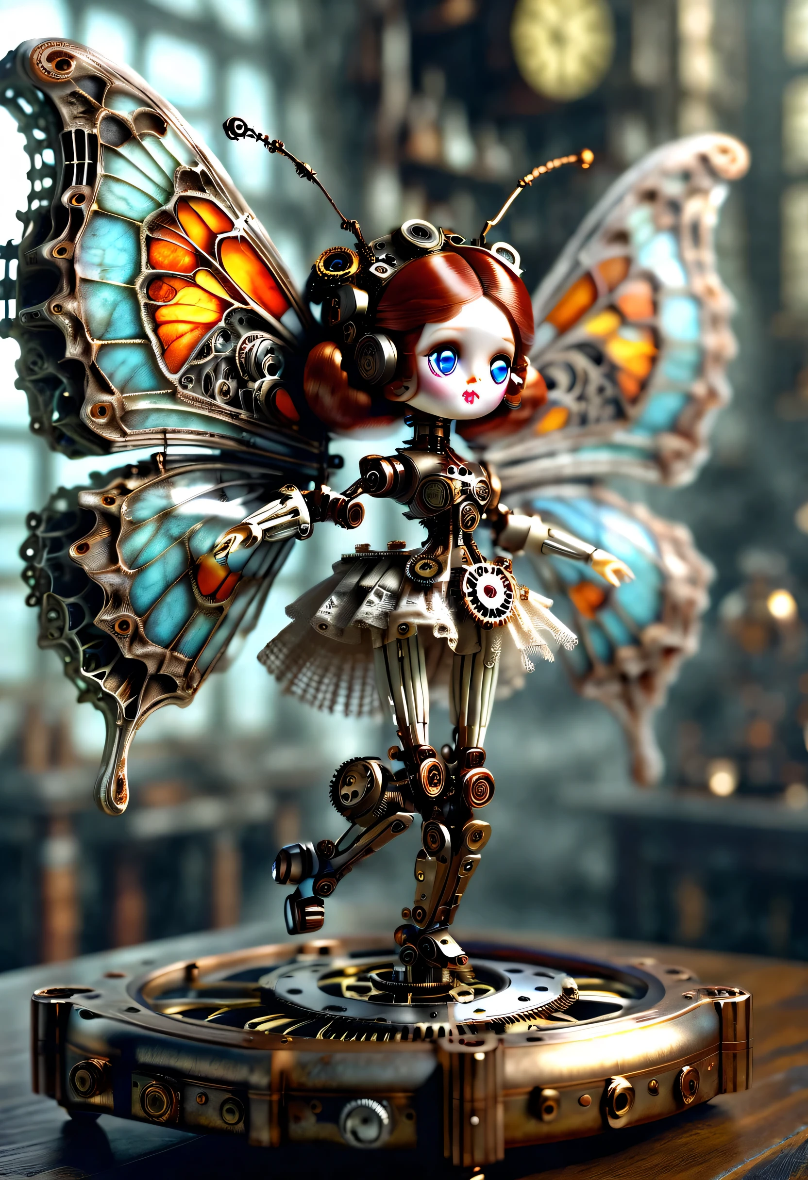 Marble sculpture style, robot character, Beautiful and meticulous，Mechanical doll design，（Mechanical doll dancing ballet），Mechanical clockwork，gear，Mechanical device base，Insert the top screw key into the back of the doll，Extra long wavy red head，tangerine裙子，rotate，dance，motion blur，8k smoke，Ultra-fine，lifelike，high resolution，Motion ray tracing，discover realism，Dramatic lighting of transparent oversized butterfly wings，Aged and weathered appearance，Steampunk elements，Eerie and surreal atmosphere，Intricate lace pattern，Like composition，exquisite craft，Gothic aesthetics，strange beauty+，[high dynamic range]，[Fear]，[concept artist]，[keen focus]，[main]，[bright colors]，[Bokeh]，long range shot，See deeply，blue，tangerine，