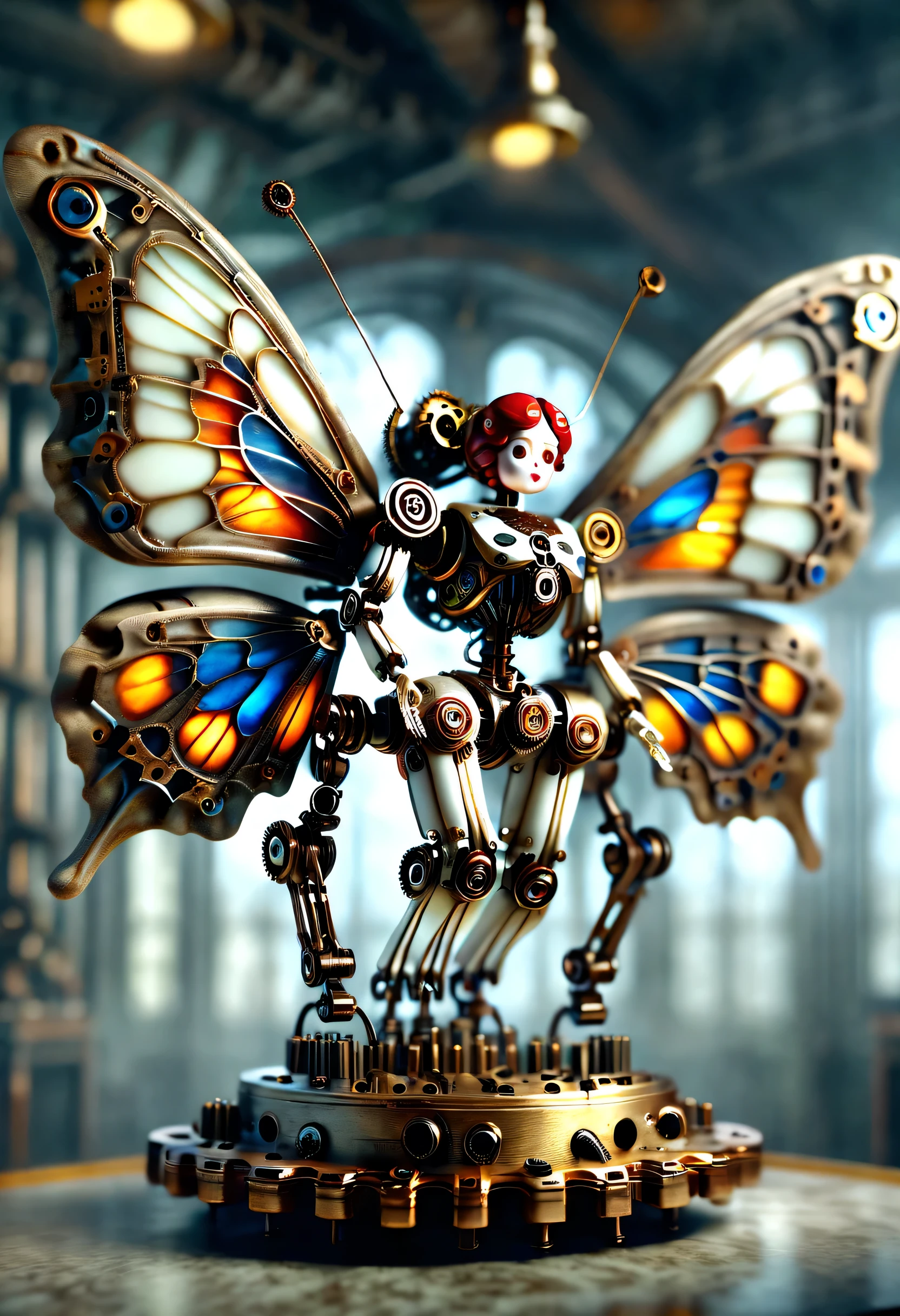 Marble sculpture style, robot character, Beautiful and meticulous，Mechanical doll design，（Mechanical doll dancing ballet），Mechanical clockwork，gear，Mechanical device base，Insert the top screw key into the back of the doll，Extra long wavy red head，tangerine裙子，rotate，dance，motion blur，8k smoke，Ultra-fine，lifelike，high resolution，Motion ray tracing，discover realism，Dramatic lighting of transparent oversized butterfly wings，Aged and weathered appearance，Steampunk elements，Eerie and surreal atmosphere，Intricate lace pattern，Like composition，exquisite craft，Gothic aesthetics，strange beauty+，[high dynamic range]，[Fear]，[concept artist]，[keen focus]，[main]，[bright colors]，[Bokeh]，long range shot，See deeply，blue，tangerine，