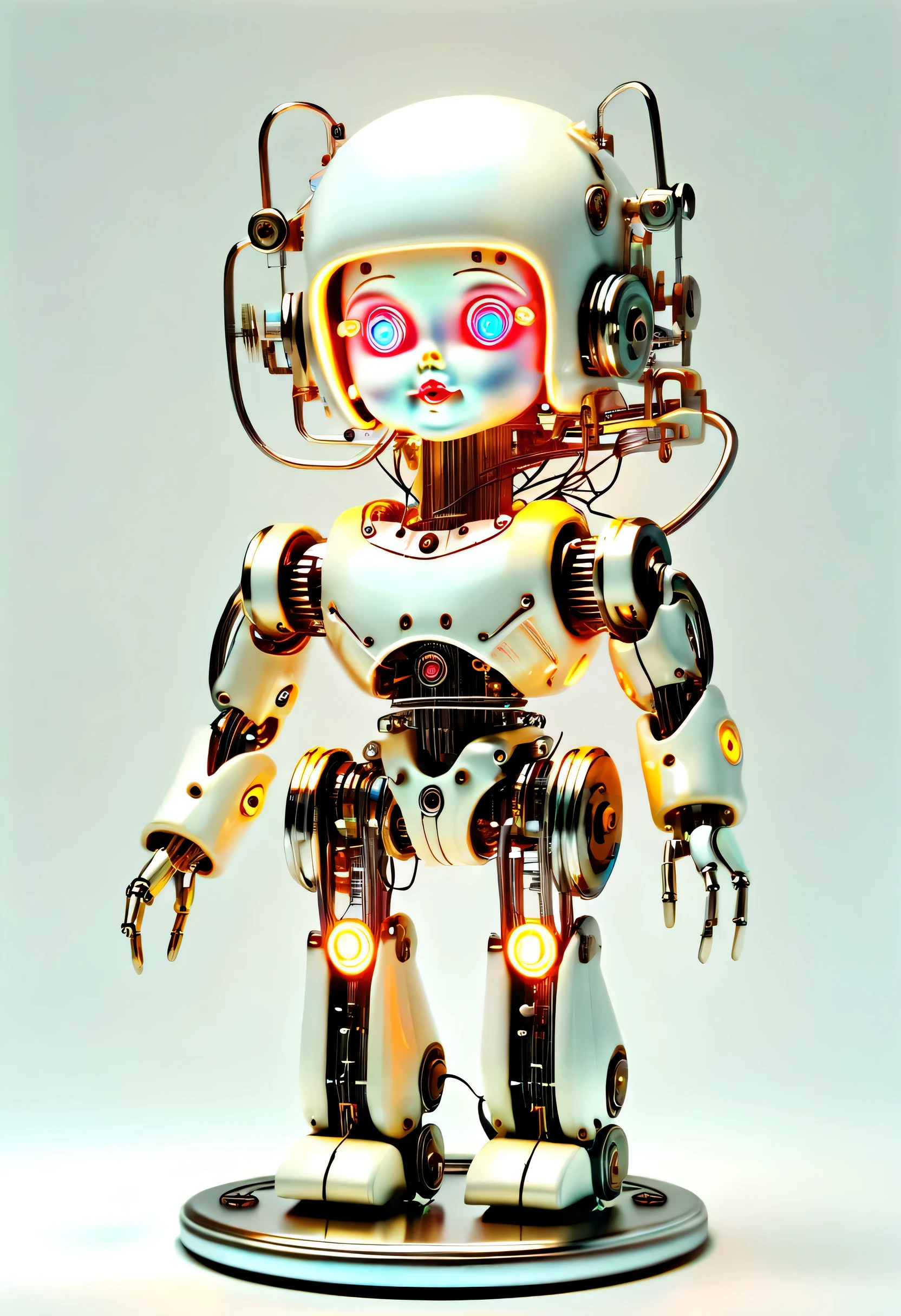 Mechanical doll from 1970s futuristic retro neon, Digital display with connecting wires, Ken W. Purdy, White background, take photos, side shot, iconic design, photorealism, Surrealism, Ultra-detailed, 8k