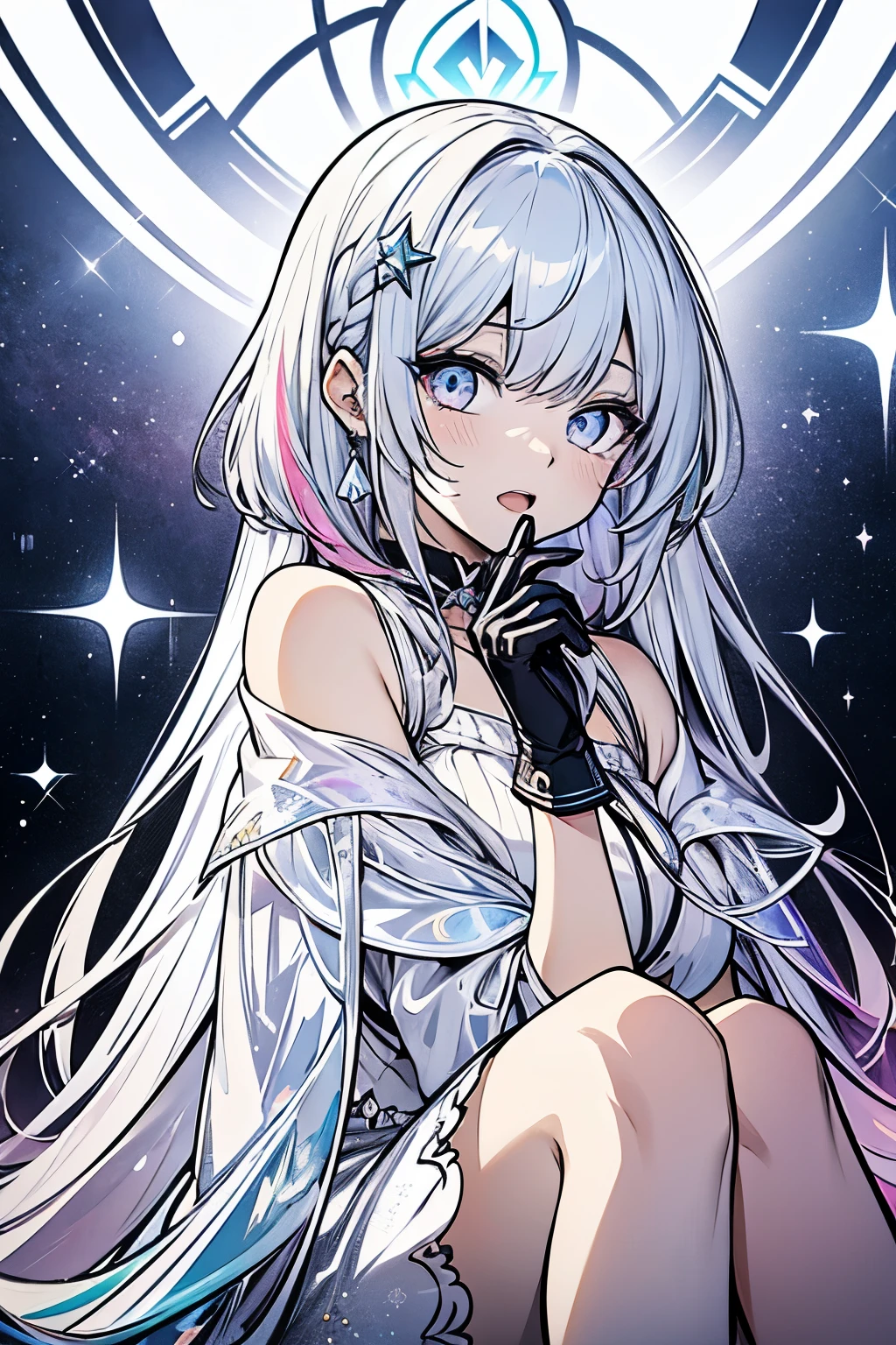 4k, high detail. Anime, anime style, 4k , 1other, pastel rainbow long hair detailed, sparkle effect, pastel,1other, short crystal hair, blue eyes, white hair, choker ,white crystal hair, earrings, jewelry, music, open mouth, white rainbow hair, long hair, singing, solo, sitting, pastel rainbow long hair, bangs, diamond \(gemstone\), elbow gloves, eyelashes, gloves, gemstone, looking at viewer, multicolored eyes, white hair, pastel rainbow hair, shiny, shiny hair, long hair, solo, sparkle, white hair , sparkle effect, cute illustration, line art, thin line art, hand drawing perfect, not colored page