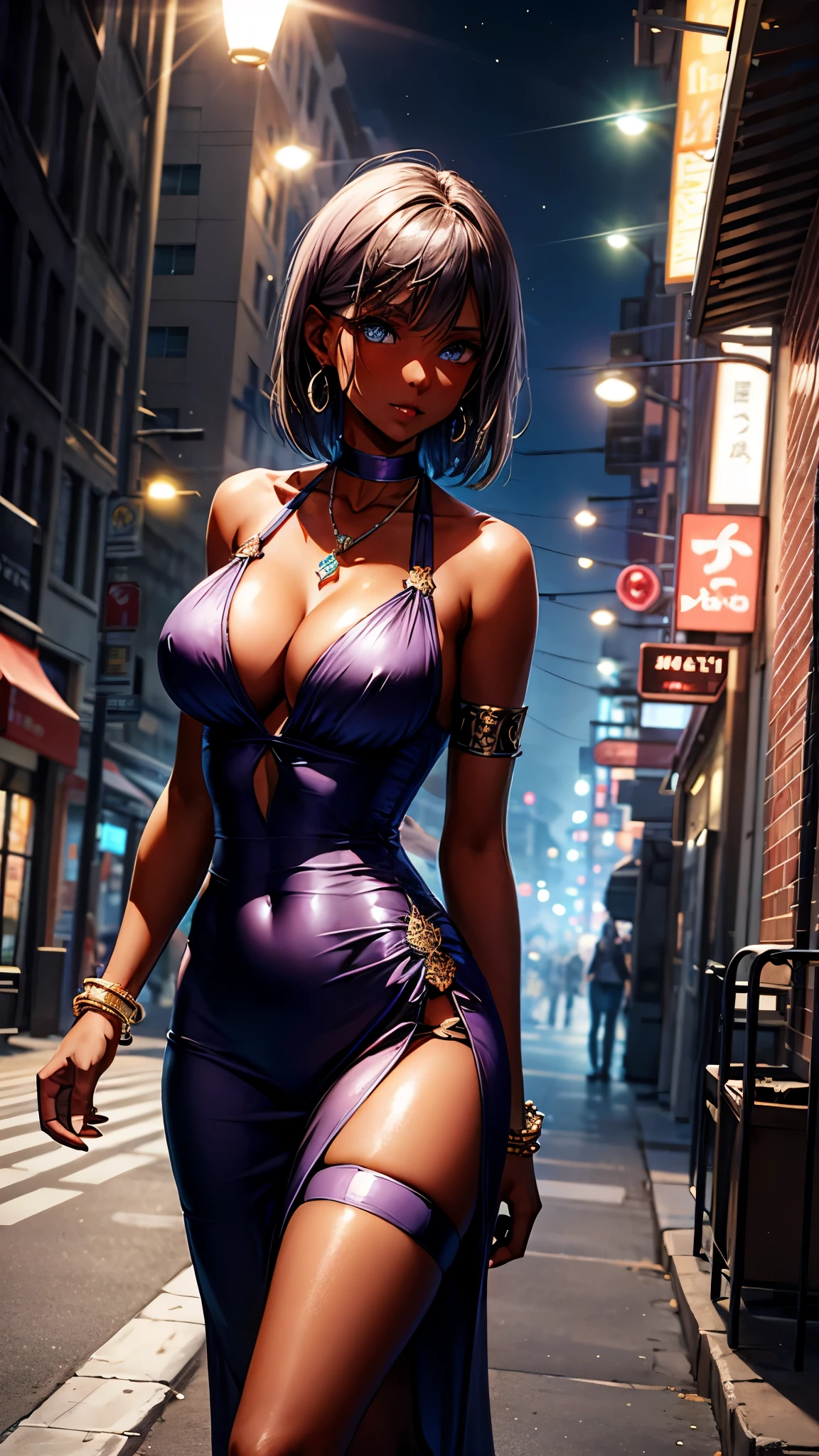 light purple high-slit dress, shiny glowing eyes, shiny accessories, shiny earrings, shiny necklaces, thigh garter, shiny armlet, shiny bracelet, 1 hot girl, dark skin, short straight hair, low-cut cleavage, halter neckline, thigh cleavage, street sidewalk, fog, night city