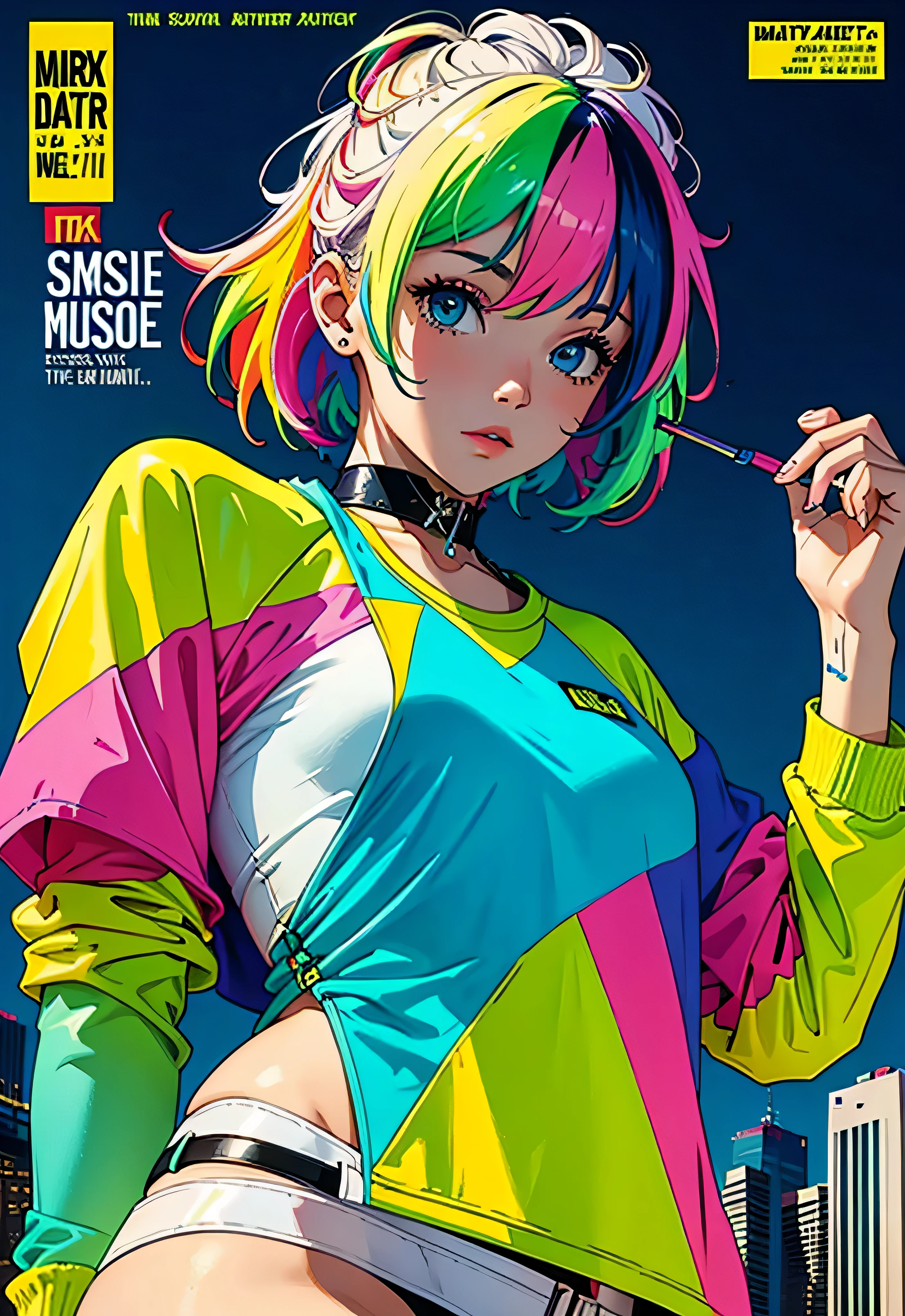 masterpiece, best quality, neon outfit, colorful hair, outdoor, magazine cover ,upper body,