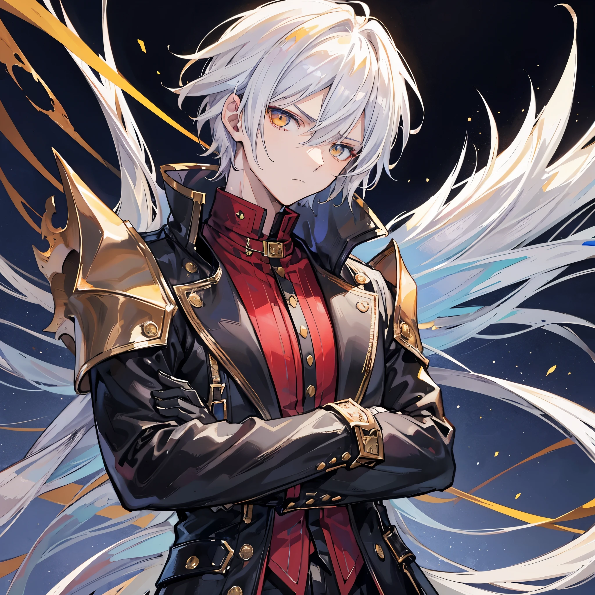 Handsome male, 1male, 17 years old, teenager, golden lining, short white hair, gold eyes, devil may cry, close up, calm expression, stoic, black leather clothes, black gloves, crossed arms, upper body, looking at viewer, cowboy shot, black dragon background