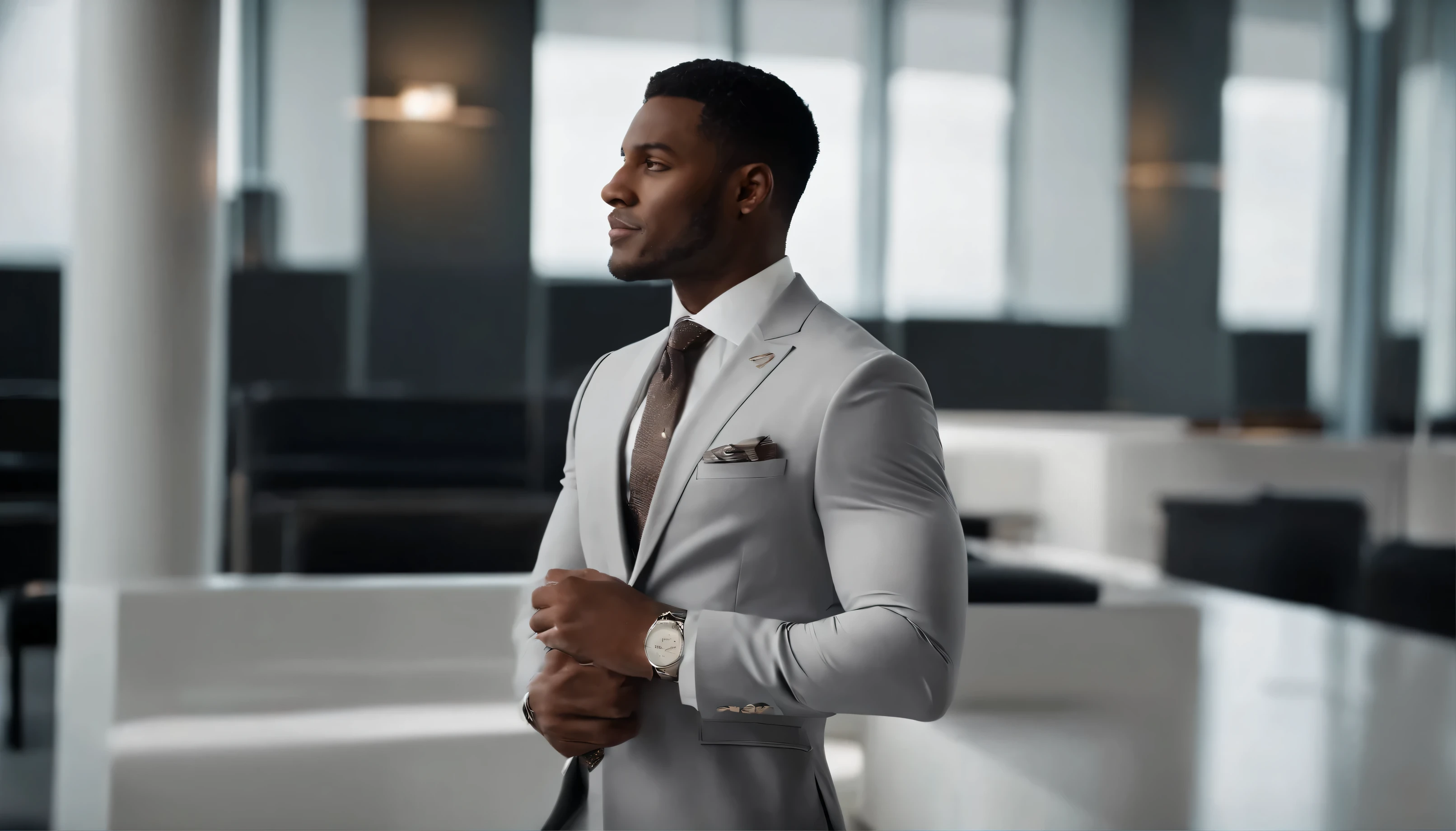 Generate a hyper-realistic photograph of a fit, handsome black man dressed in a stylish suit within a professional work office setting. Focus on showcasing the elegance and confidence of the subject in his attire. Utilize a clean white shirt backdrop to accentuate the colors and textures of the suit and accessories against his skin tone. Emphasize the tie as a statement piece against the white shirt, ensuring it complements the overall aesthetic. Opt for darker shades in the suit to convey a sense of formality and sophistication suitable for corporate environments. Experiment with rich and earthy colors such as reds, creams, and greys to enhance the visual appeal of the outfit against his complexion. Apply professional color grading to enhance the depth and richness of the colors while maintaining a polished appearance. Ensure clean, sharp focus to highlight the details and contours of the subject's physique and the tailored fit of the suit. Consider incorporating elements of contemporary fashion photography to convey a sense of style and refinement. Refine the prompt as needed to achieve a seamless integration of elegance and realism in the final image