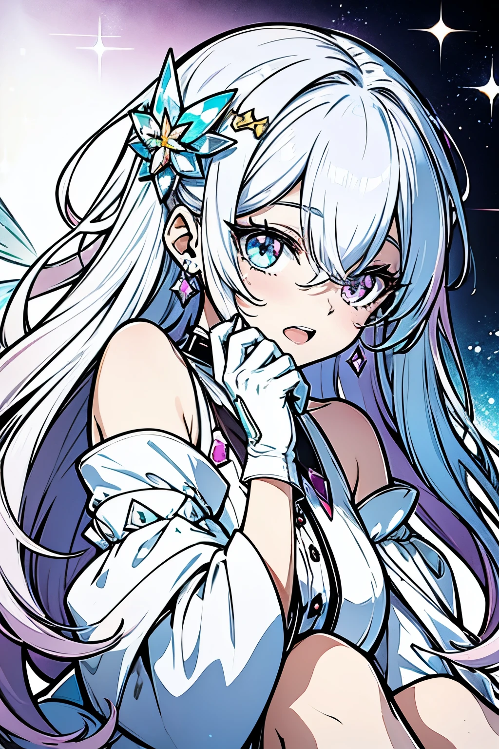 4k, high detail. Anime, anime style, 4k , 1other, pastel rainbow long hair detailed, sparkle effect, pastel,1other, short crystal hair, blue eyes, white hair, choker ,white crystal hair, earrings, jewelry, music, open mouth, white rainbow hair, long hair, singing, solo, sitting, pastel rainbow long hair, bangs, diamond \(gemstone\), elbow gloves, eyelashes, gloves, gemstone, looking at viewer, multicolored eyes, white hair, pastel rainbow hair, shiny, shiny hair, long hair, solo, sparkle, white hair , sparkle effect, cute illustration, line art, thin line art, hand drawing perfect, not colored page