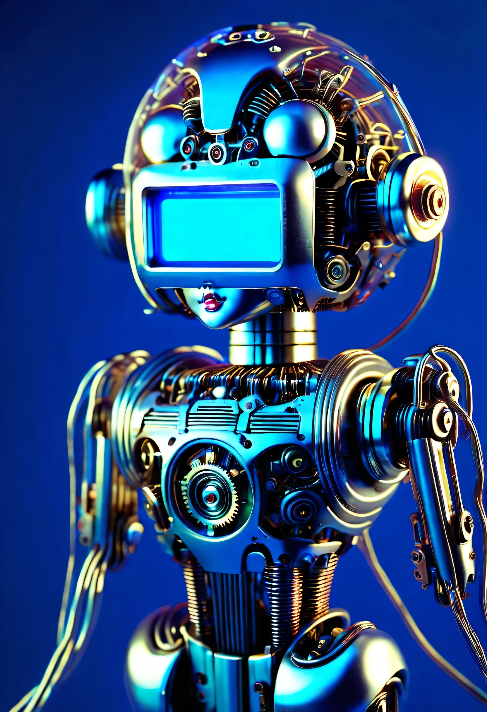 Mechanical doll from 1970s futuristic retro neon, Digital display with connecting wires, Ken W. Purdy, blue background, take photos, side shot, iconic design, photorealism, Surrealism, Ultra-detailed, 8k