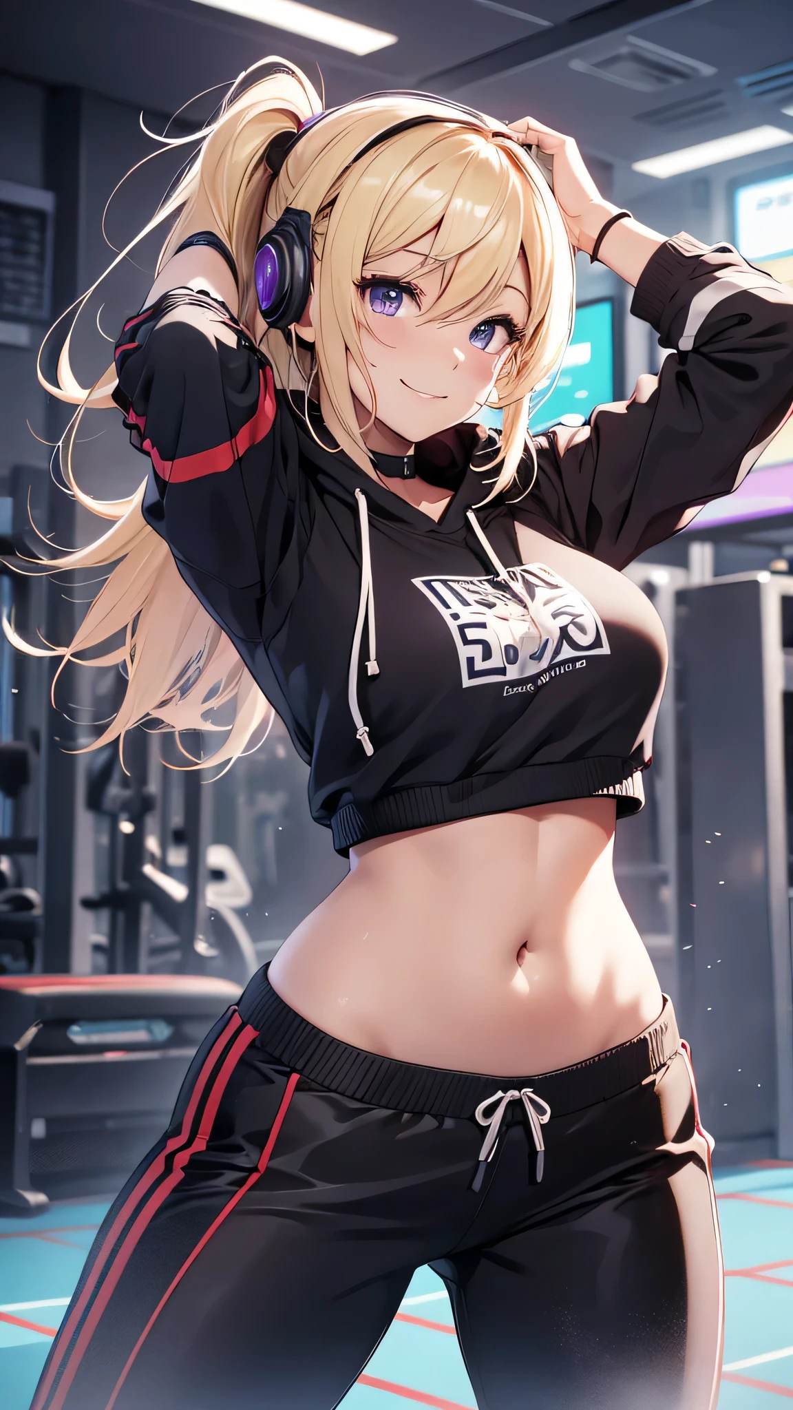 最high quality、best image quality、masterpiece、girl((20-year-old、 By becoming、vest bust、medium bust,wide open breast tea、shining eyes, blonde、long hair、thin,highest valley、ponytail、action of looking up、right arm bandage、Black and purple hoodie with a wide open chest、short belly sports pants、cool pose、holding a black smartphone、sweating、smile、forward leaning movement)),high quality、beautiful art、background((cyber sports gym))、Flight、debris flies、Depth of written boundary、movie、visual art、perfect art、8k,genuine、