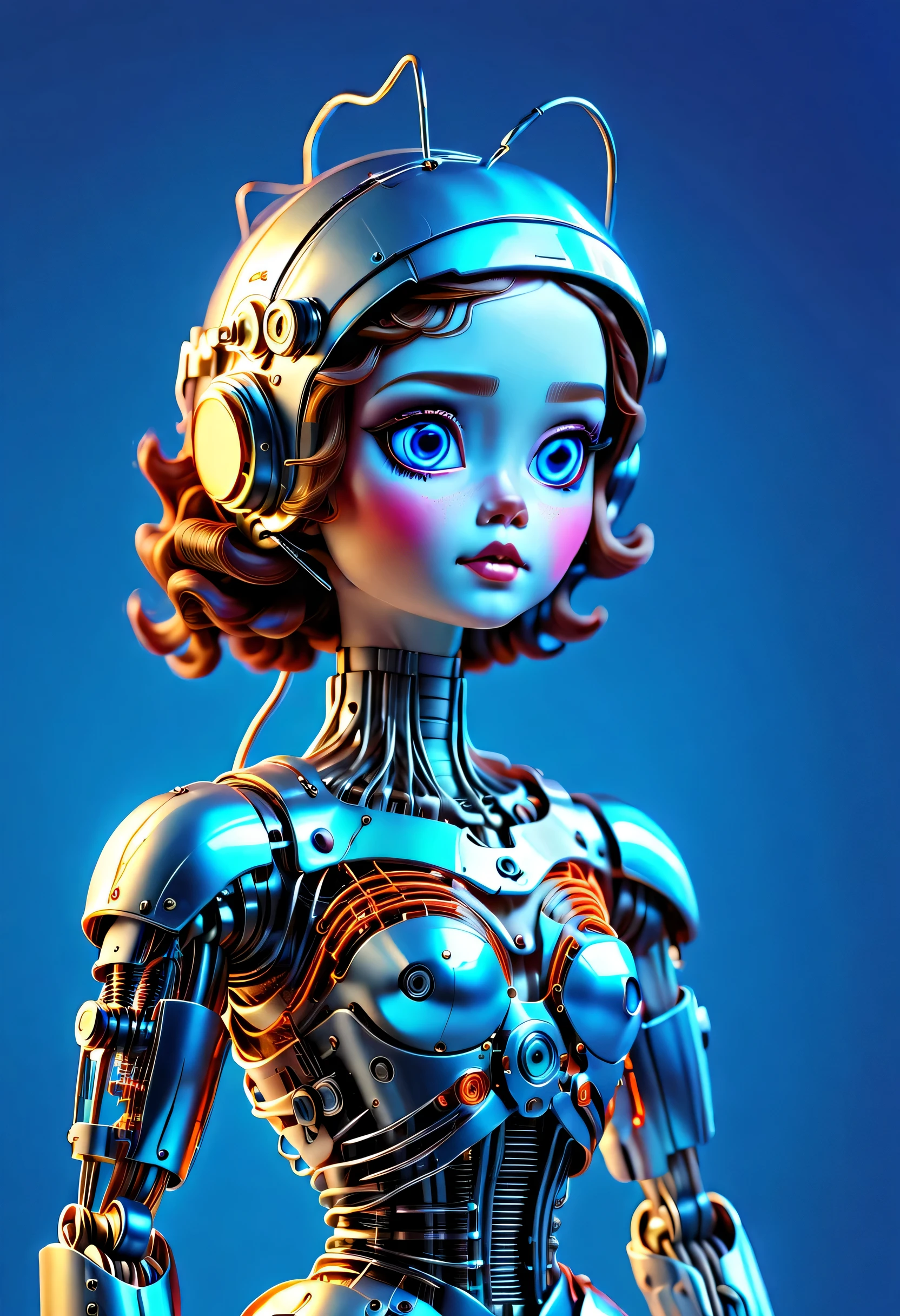 Mechanical doll from 1970s futuristic retro neon, Digital display with connecting wires, whole body,Ken W. Purdy, blue background, take photos, side shot, iconic design, photorealism, Surrealism, Ultra-detailed, 8k,blue background
