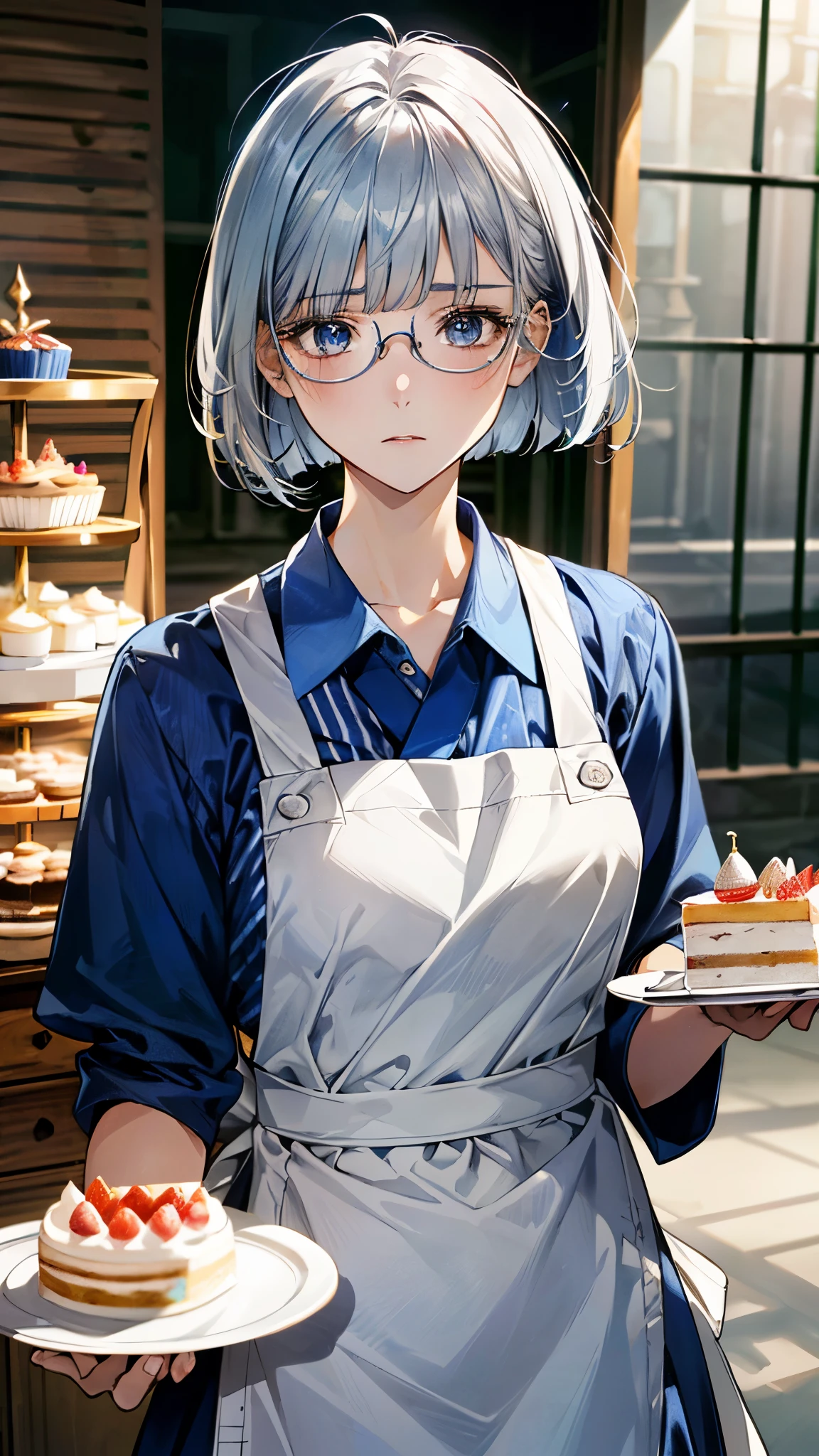 (masterpiece:1.2, top-quality, ultra high res, ultra detailed), (realistic, photorealistic:1.4), beautiful illustration, (natural side lighting, movie lighting),
looking at viewer, (face focus, upper body)1 girl, japanese, (cake craftsman), , perfect face, (perfect anatomy), cute and symmetrical face, shiny skin, slender
(short hair:0.8, bob cut:1.5, silver hair), blunt bangs, hair between eyes, blue eyes, big eyes, drooping eyes, slant eyes, long eye lasher, (medium breasts),
beautiful hair, beautiful face, beautiful detailed eyes, beautiful clavicle, beautiful body, beautiful chest, beautiful thigh, beautiful legs,
((detailed cloth texture, blue stripe collared shirt, blue skirt), white apron, metallic blue-rimmed glasses), ,
(beautiful scenery), evening, (cake shop), (standing, holding a tray with a cake on it), (troubled expression),