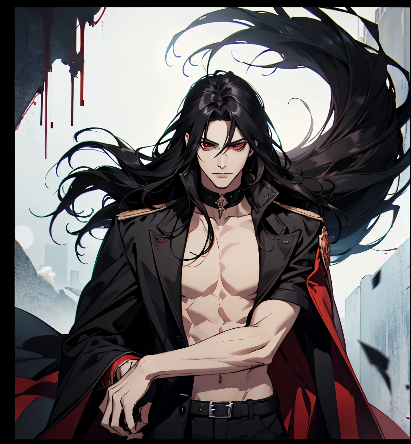 black hair, alucard, full body, beautiful male god of death, vampire fashion, detailed anime character art, male vampire of clan banu haqim, full body black and red longcoat, l vampire, with his long black hair, androgynous vampire, detailed 25 year old male face, ultra realistic anime red eyes no emotions, INTJ, intelligent, sexy, attractive, full body, tongle, no clothes, no shirt