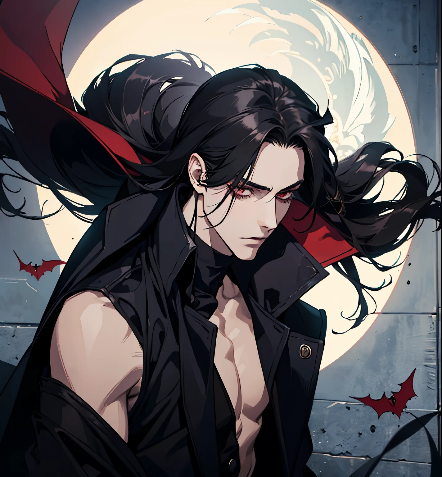 black hair, alucard, full body, beautiful male god of death, vampire fashion, detailed anime character art, male vampire of clan banu haqim, full body black and red longcoat, l vampire, with his long black hair, androgynous vampire, detailed 25 year old male face, ultra realistic anime red eyes no emotions, INTJ, intelligent, sexy, attractive, full body, tongle, no clothes, no shirt